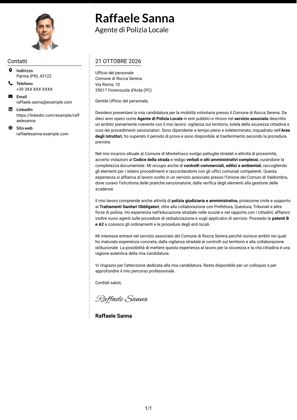Lettera di presentazione Moderno (formato a due colonne con foto a sinistra e separatore): Agente di Polizia Locale - Vigilanza e procedimenti sanzionatori, pagina 1