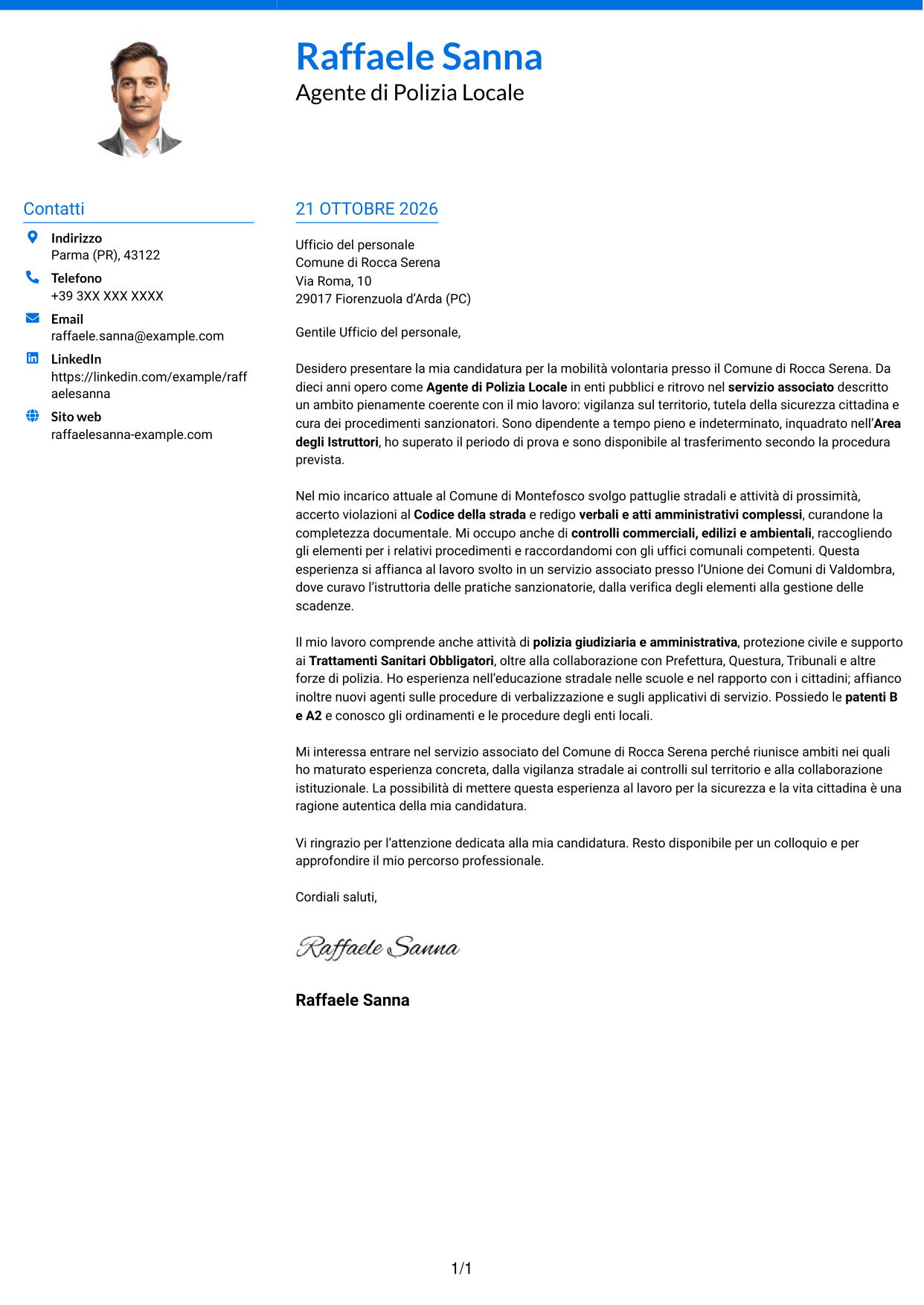 Lettera di presentazione Audace (formato a due colonne con accenti colorati e foto): Agente di Polizia Locale - Vigilanza e procedimenti sanzionatori, pagina 1