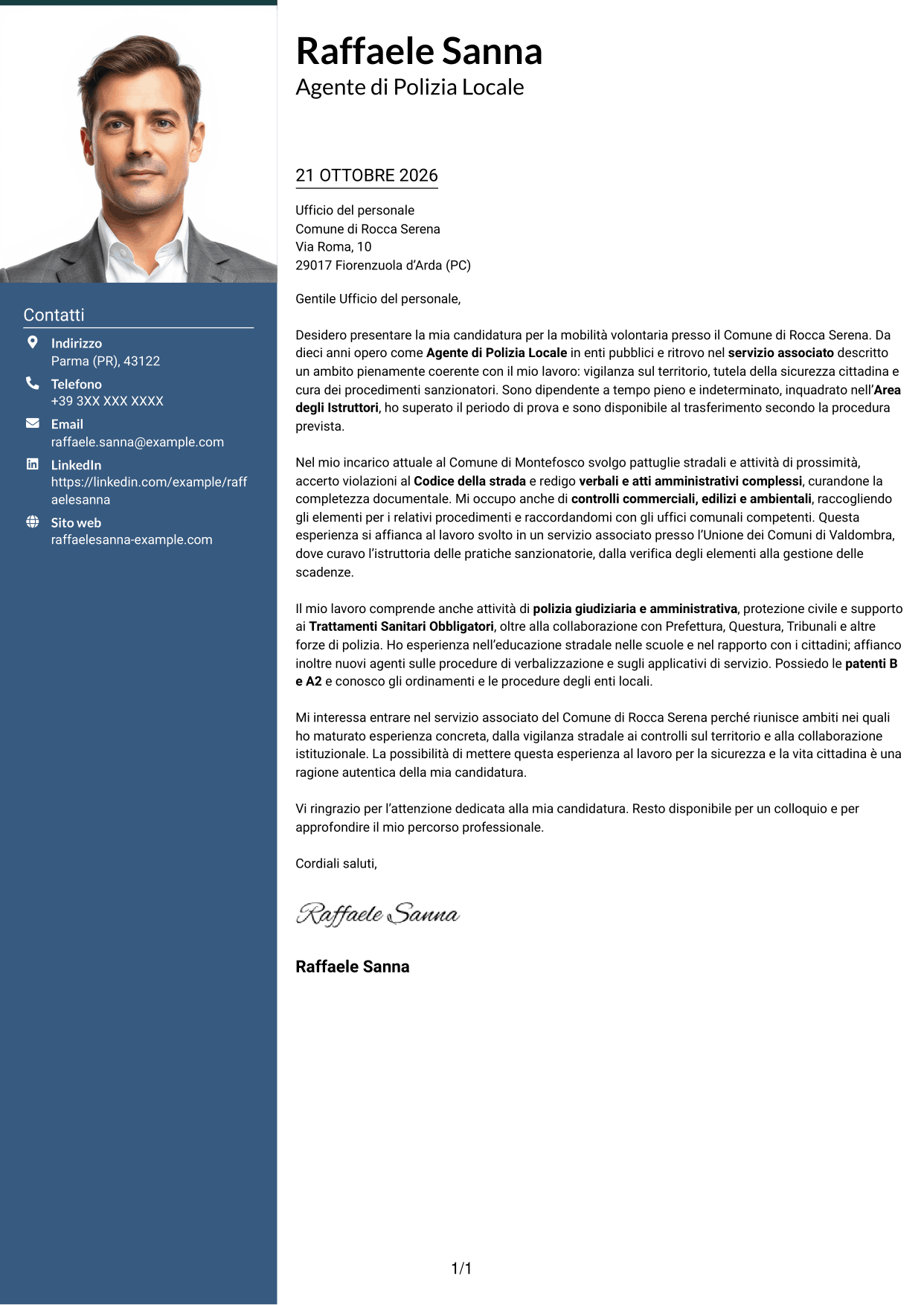 Lettera di presentazione Signature (formato con colonna laterale colorata e foto grande): Agente di Polizia Locale - Vigilanza e procedimenti sanzionatori, pagina 1