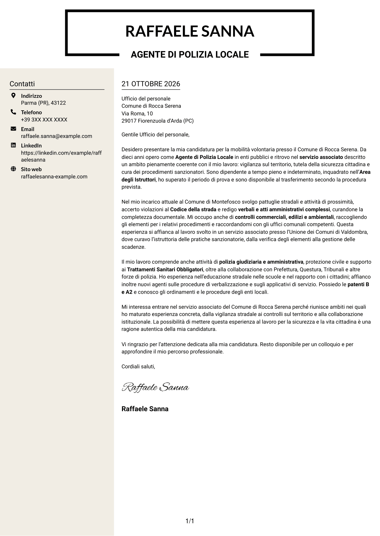 Lettera di presentazione Intraprendente (formato a due colonne con intestazione centrata senza foto): Agente di Polizia Locale - Vigilanza e procedimenti sanzionatori, pagina 1