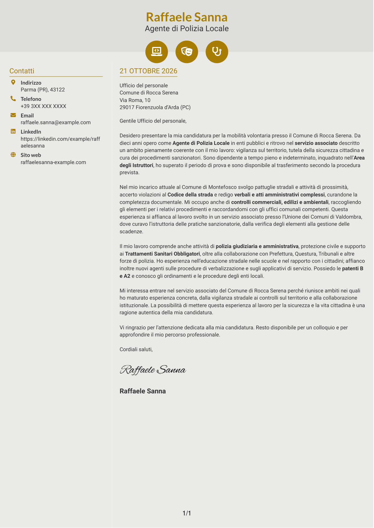 Lettera di presentazione Dinamico (formato a due colonne con icone): Agente di Polizia Locale - Vigilanza e procedimenti sanzionatori, pagina 1