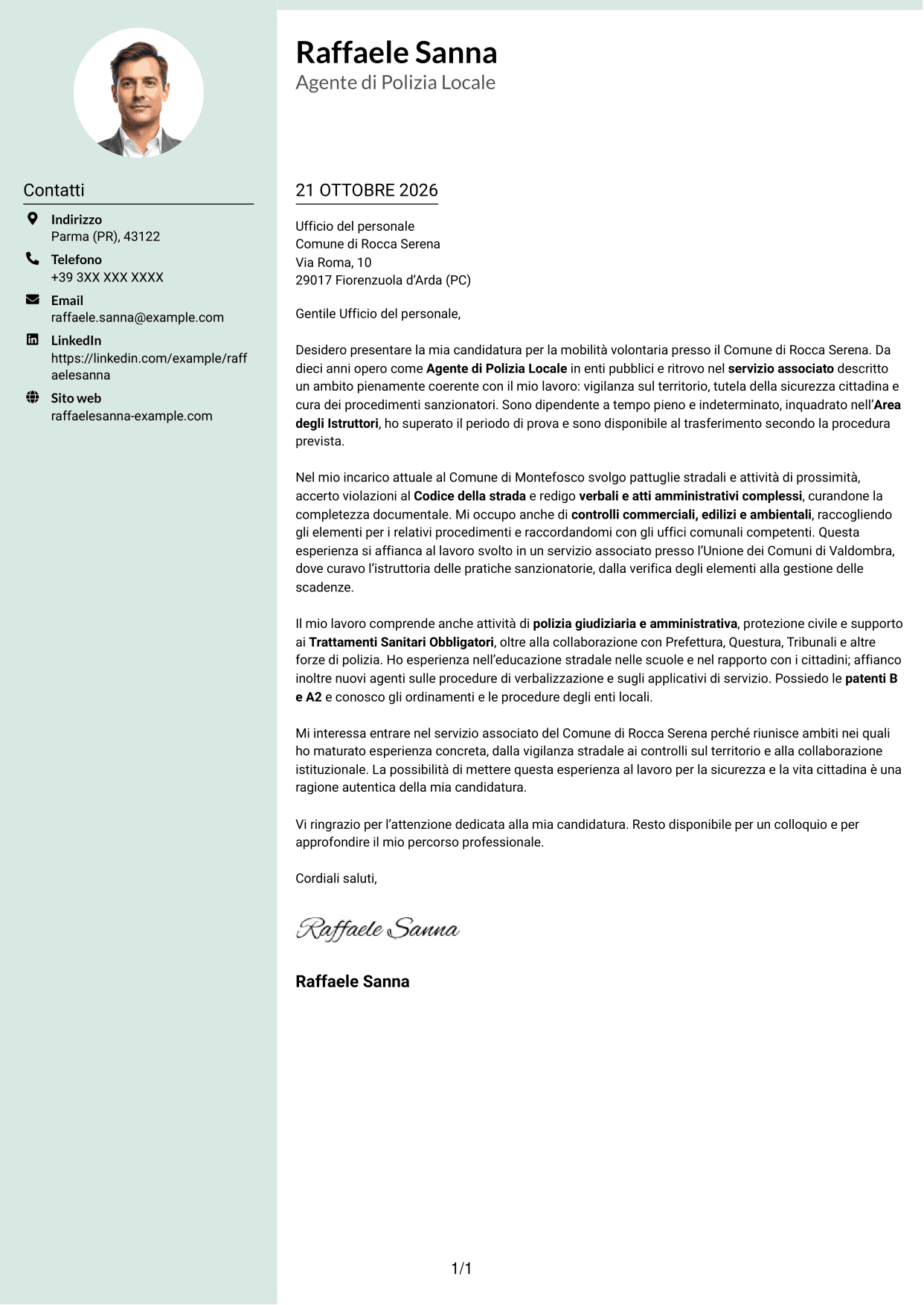 Lettera di presentazione Dirigente (formato con colonna laterale tenue e foto arrotondata): Agente di Polizia Locale - Vigilanza e procedimenti sanzionatori, pagina 1