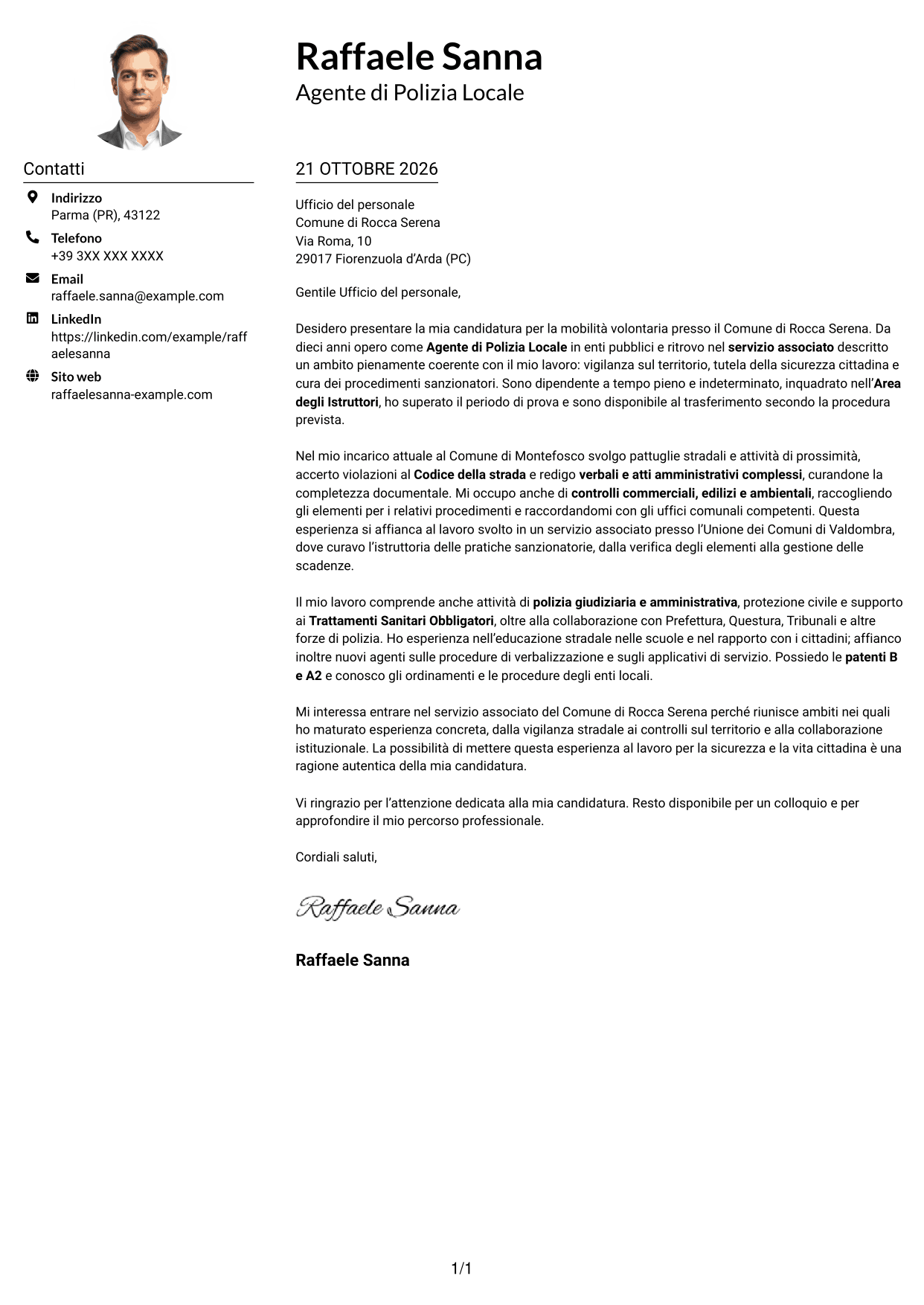 Esempio di lettera di presentazione — pagina 1