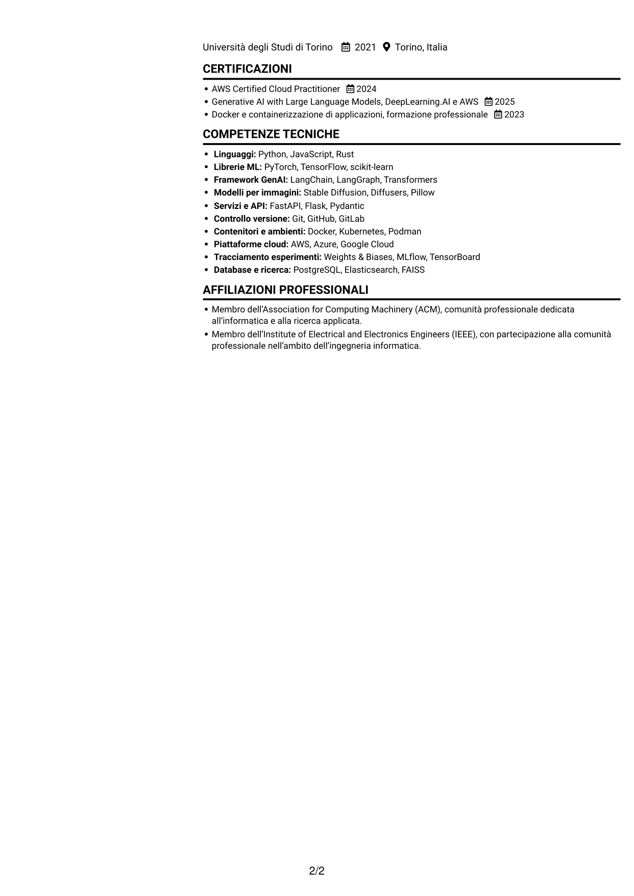 CV Compatto (formato sobrio a due colonne con foto): AI Python Developer, pagina 2