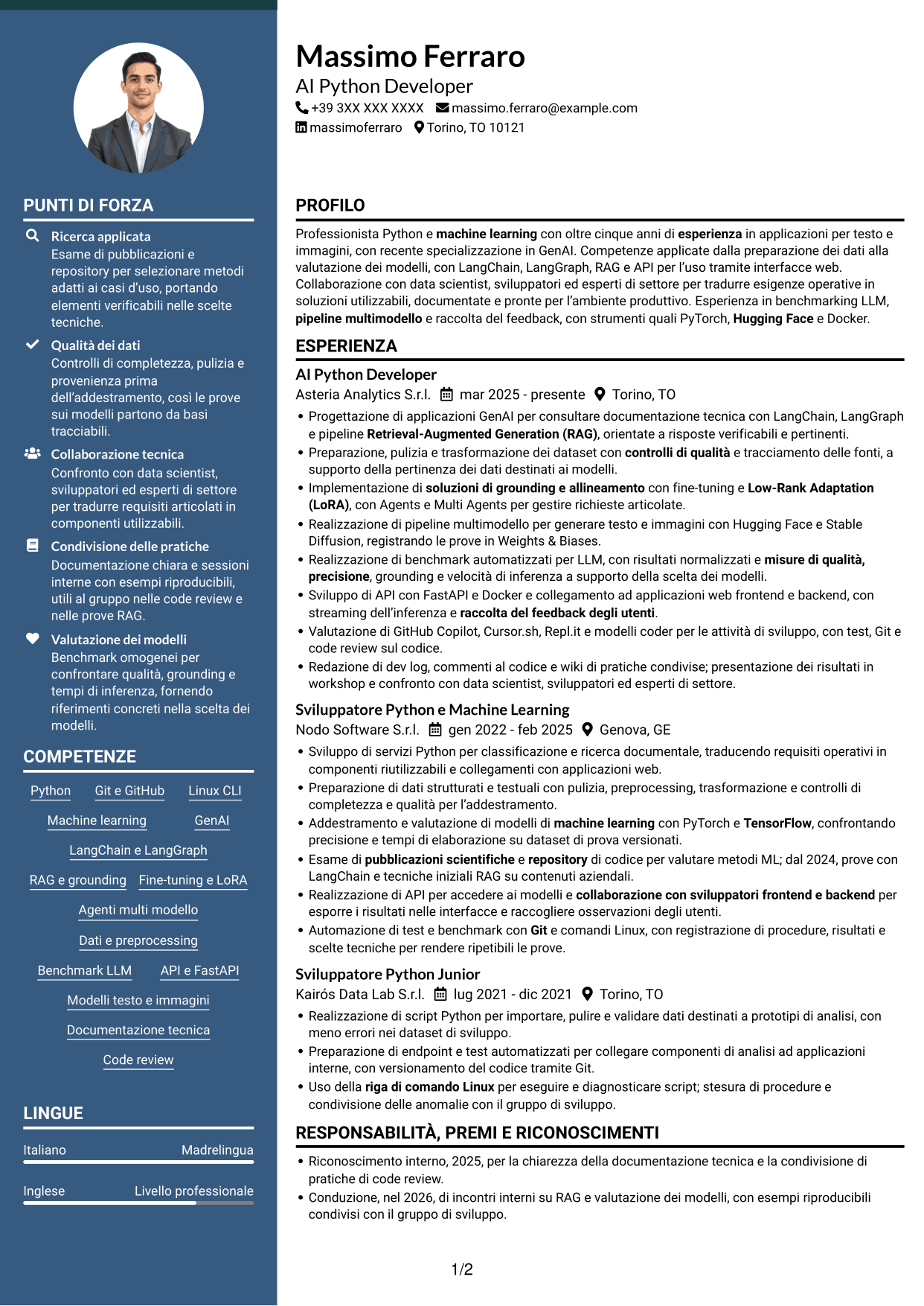 CV Elegante (formato con colonna laterale colorata e foto): AI Python Developer, pagina 1