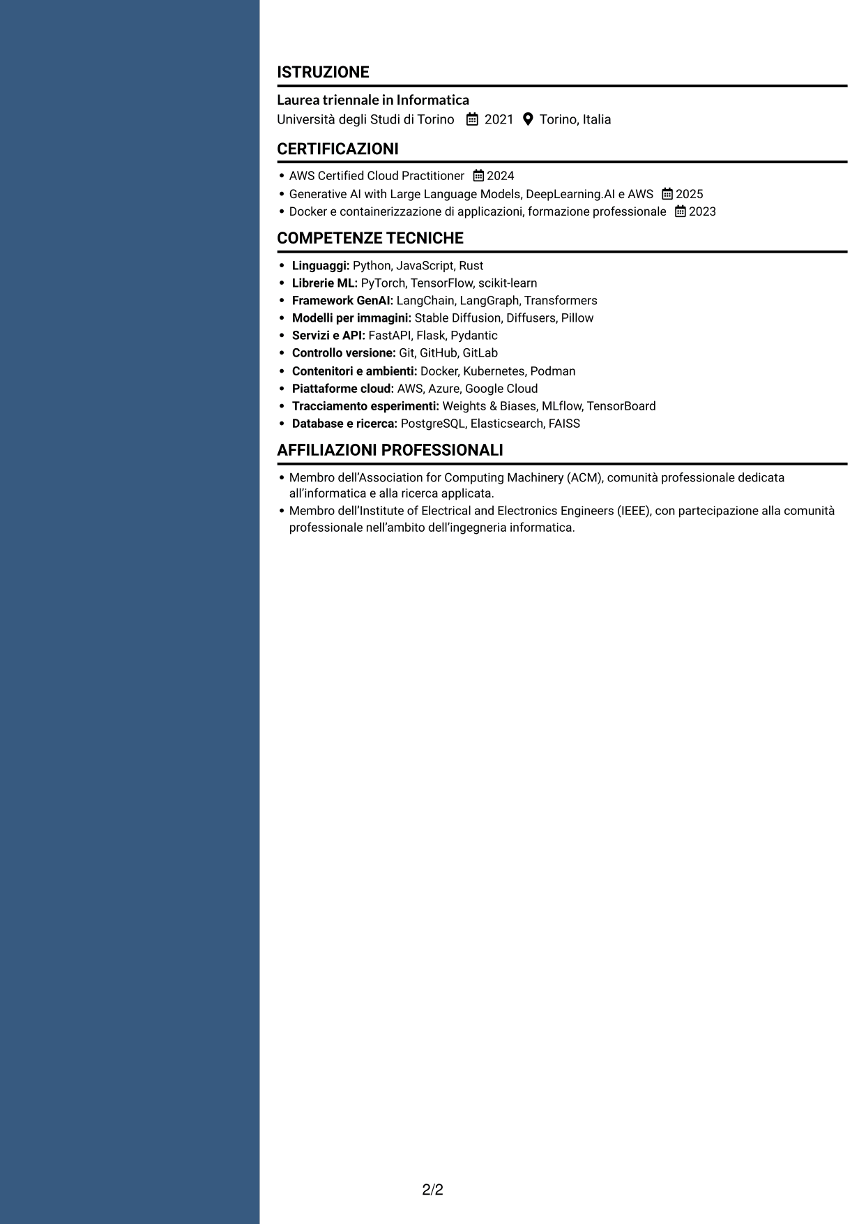CV Elegante (formato con colonna laterale colorata e foto): AI Python Developer, pagina 2