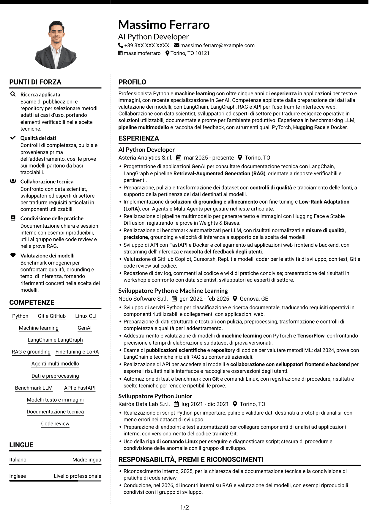 CV Moderno (formato a due colonne con foto a sinistra e separatore): AI Python Developer, pagina 1