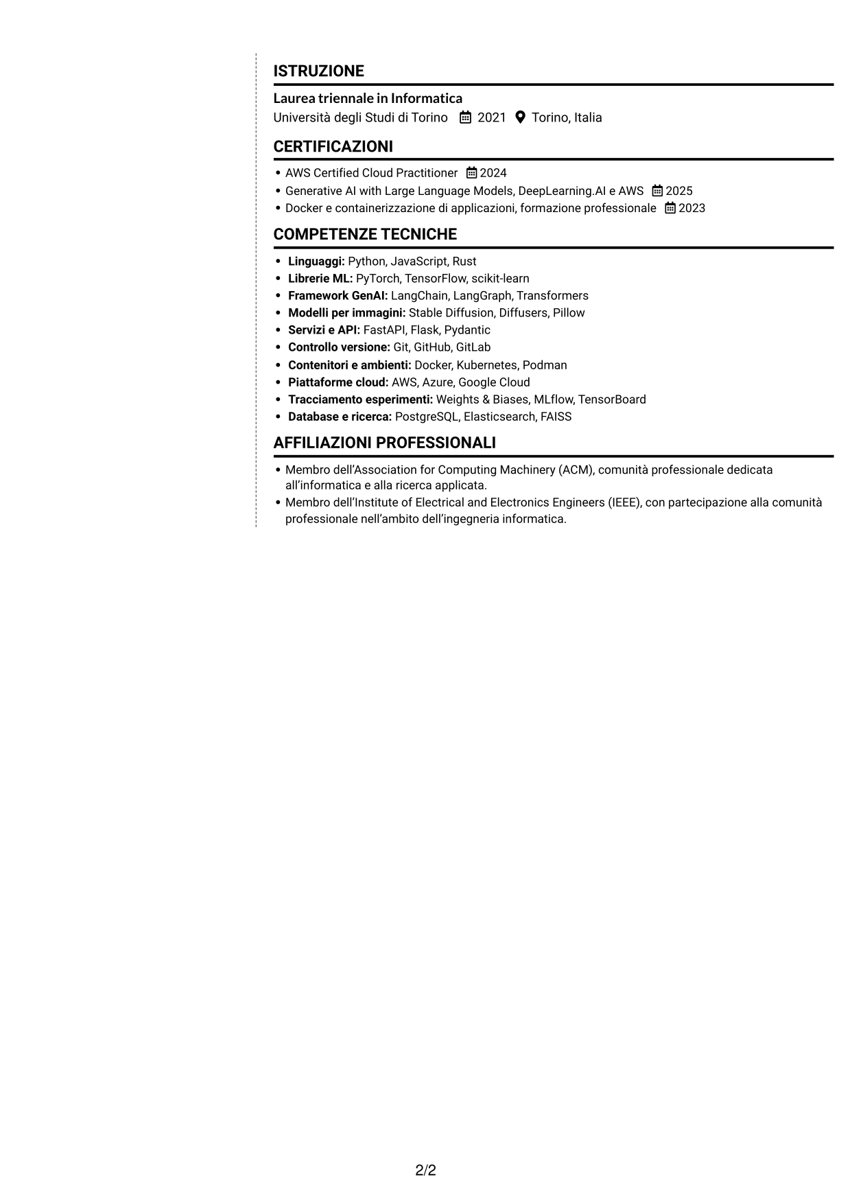 CV Moderno (formato a due colonne con foto a sinistra e separatore): AI Python Developer, pagina 2
