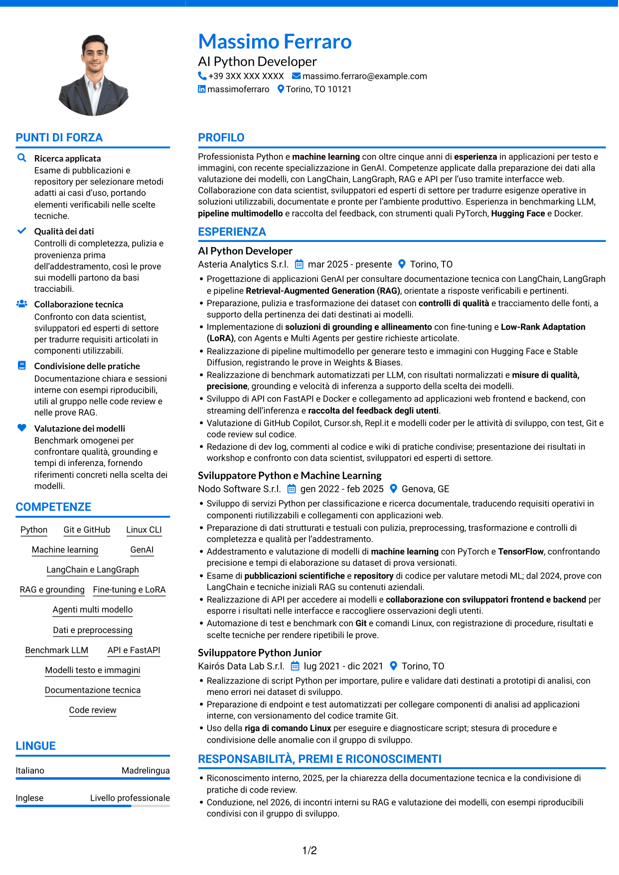 CV Audace (formato a due colonne con accenti colorati e foto): AI Python Developer, pagina 1