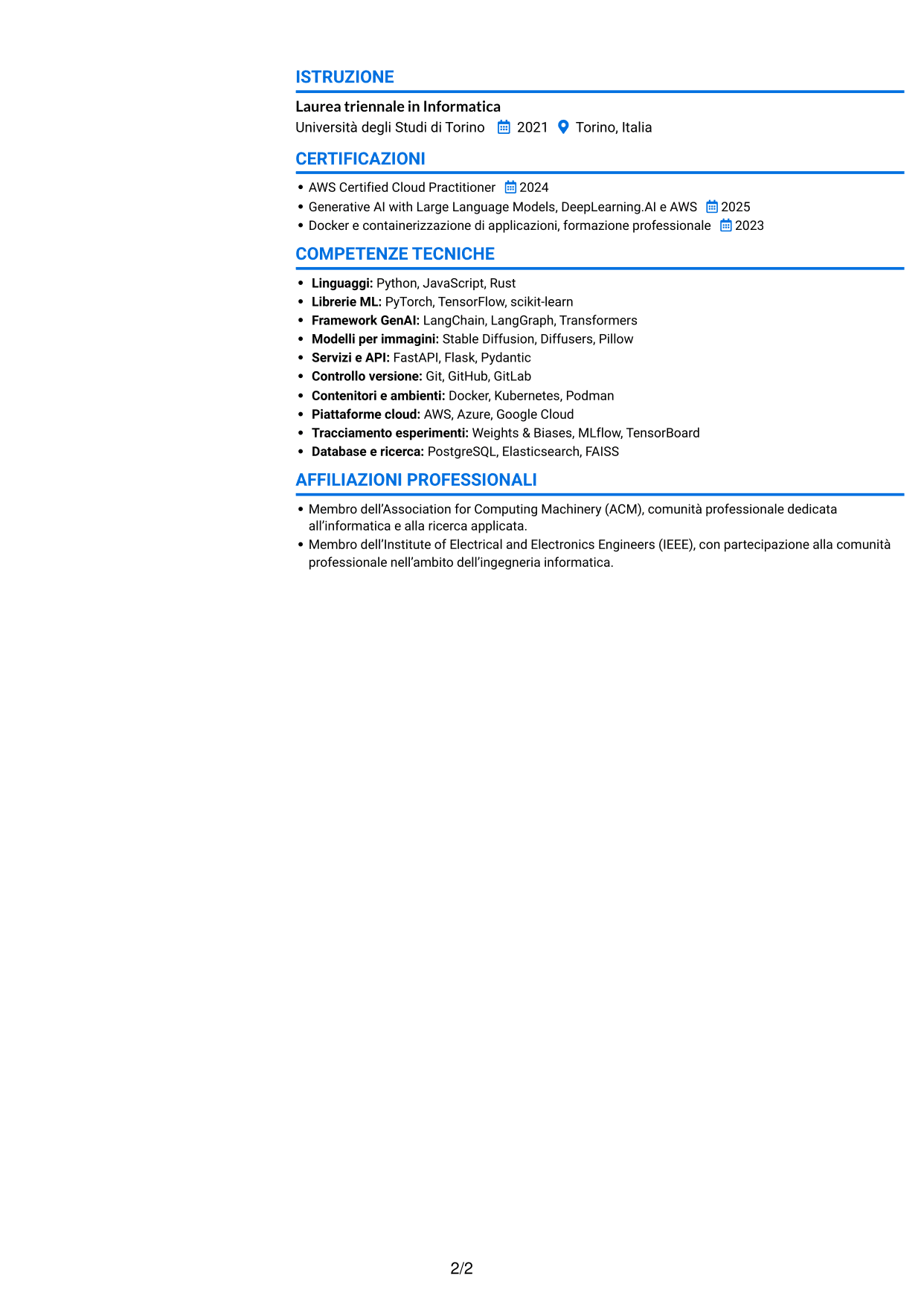 CV Audace (formato a due colonne con accenti colorati e foto): AI Python Developer, pagina 2