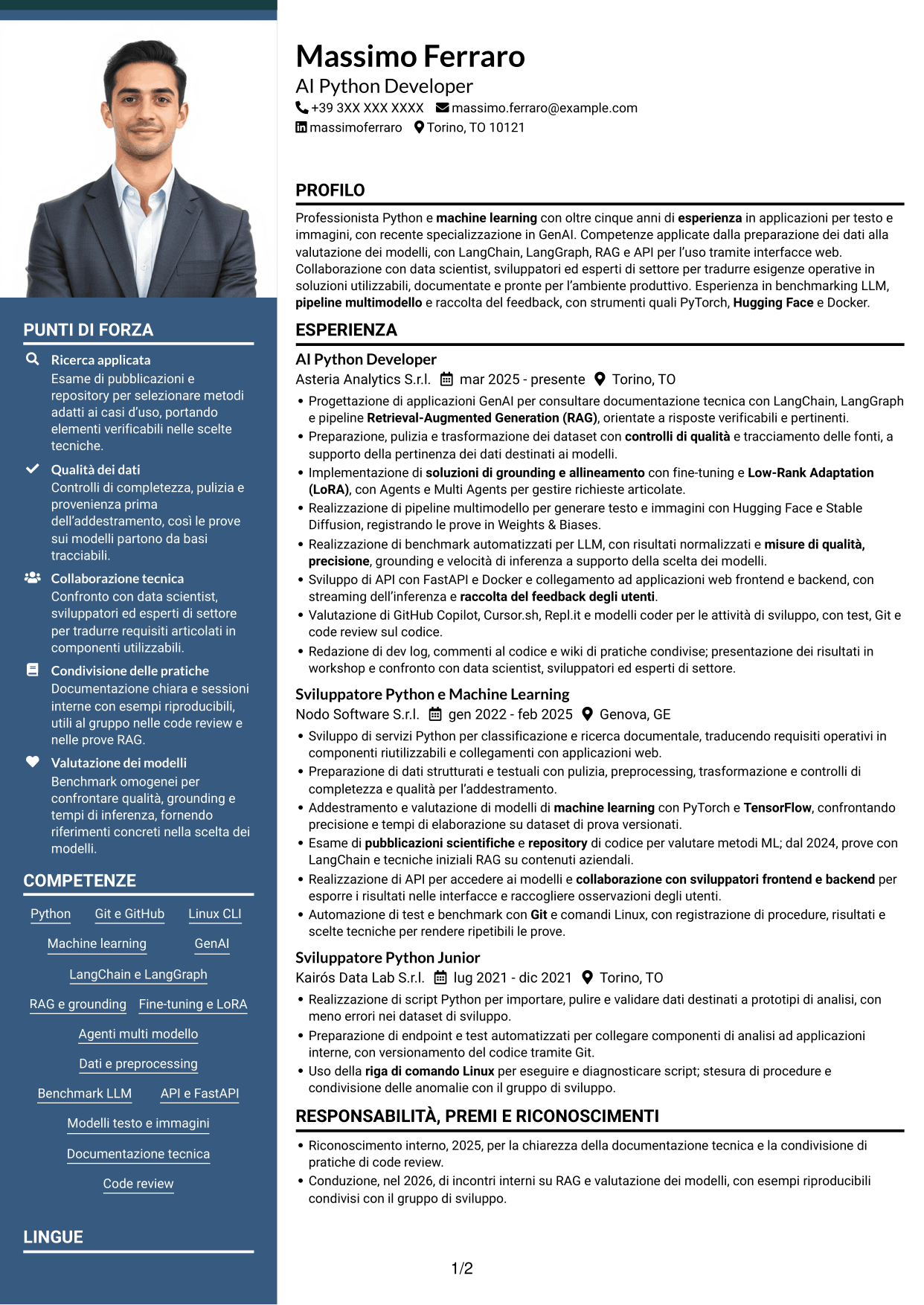 CV Signature (formato con colonna laterale colorata e foto grande): AI Python Developer, pagina 1