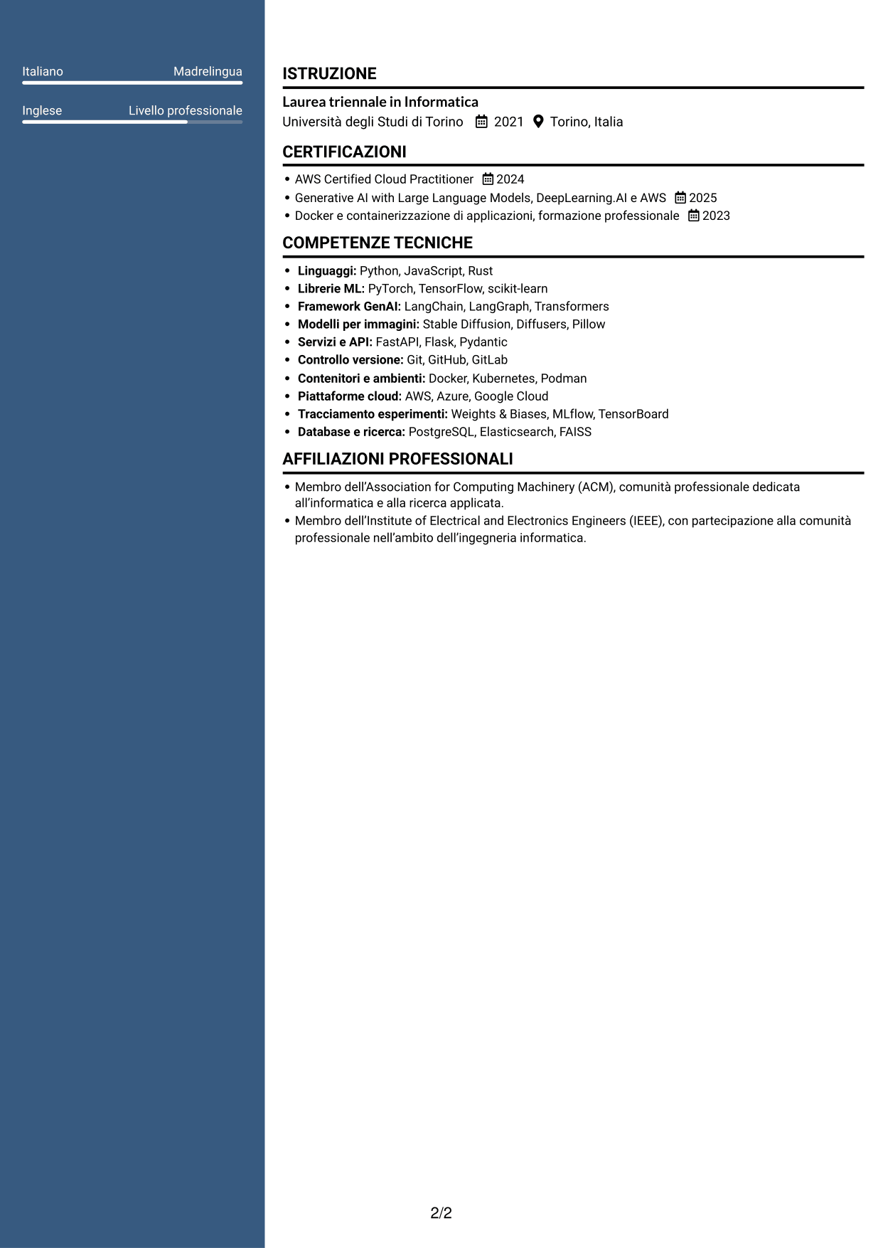CV Signature (formato con colonna laterale colorata e foto grande): AI Python Developer, pagina 2