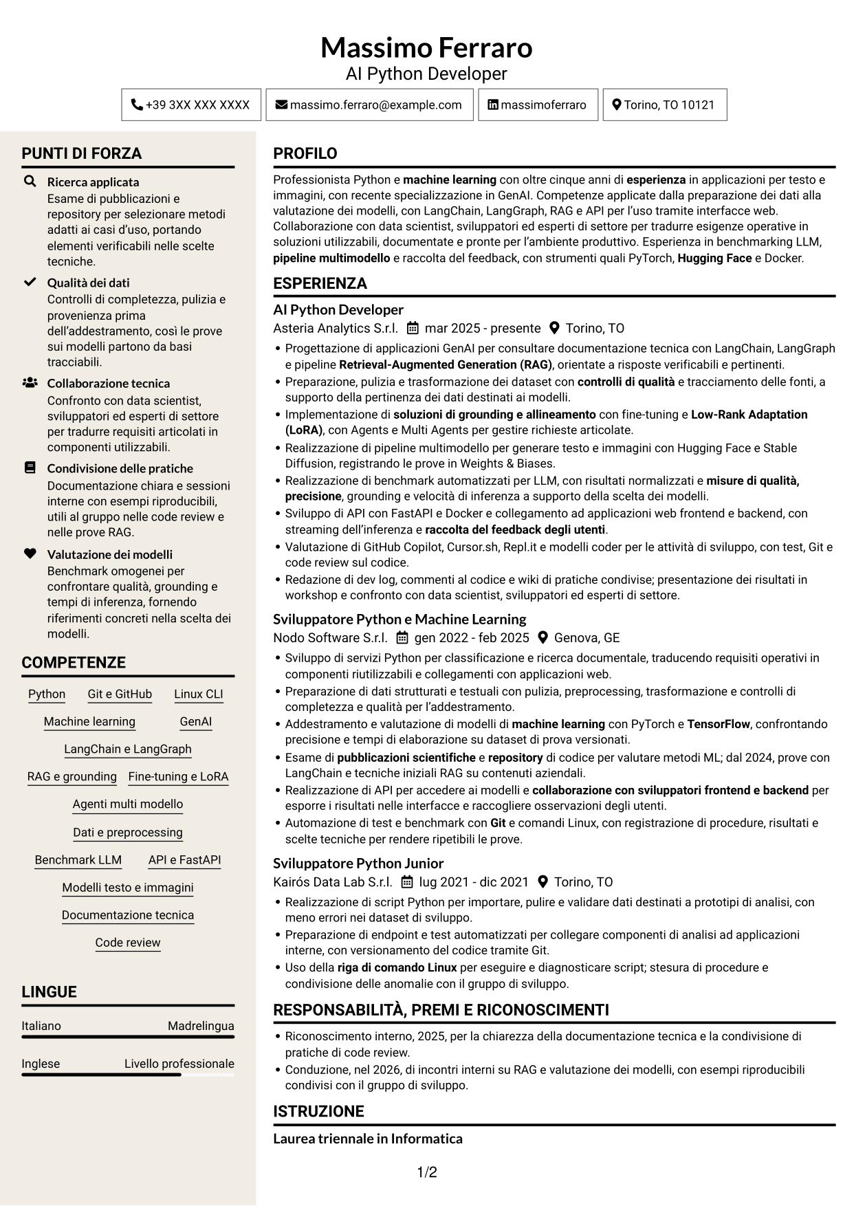 CV Intraprendente (formato a due colonne con intestazione centrata senza foto): AI Python Developer, pagina 1
