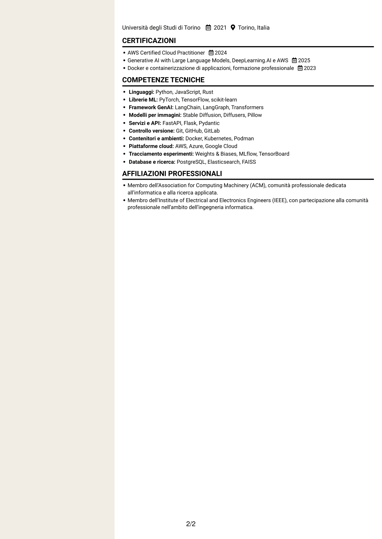 CV Intraprendente (formato a due colonne con intestazione centrata senza foto): AI Python Developer, pagina 2