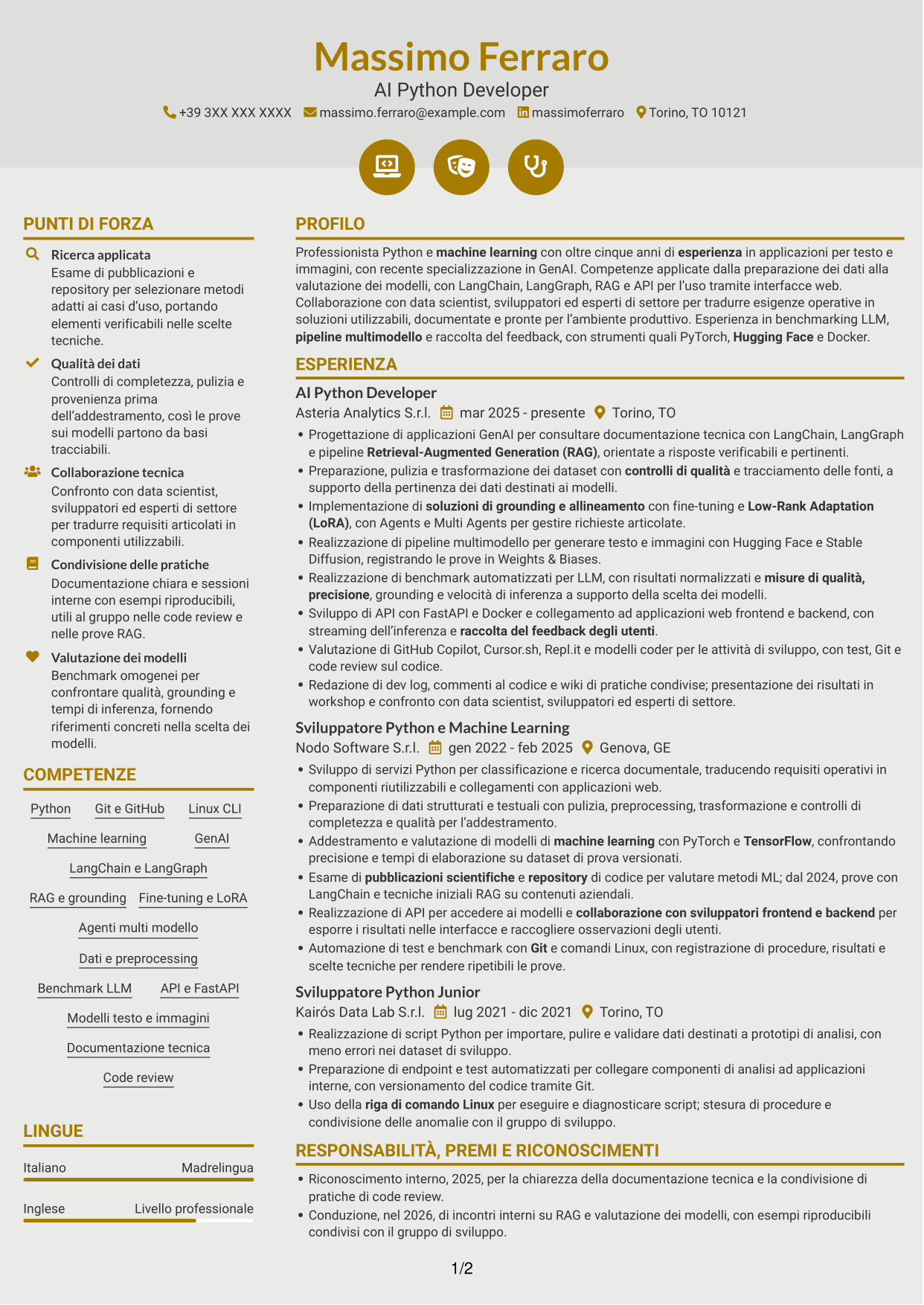CV Dinamico (formato a due colonne con icone): AI Python Developer, pagina 1