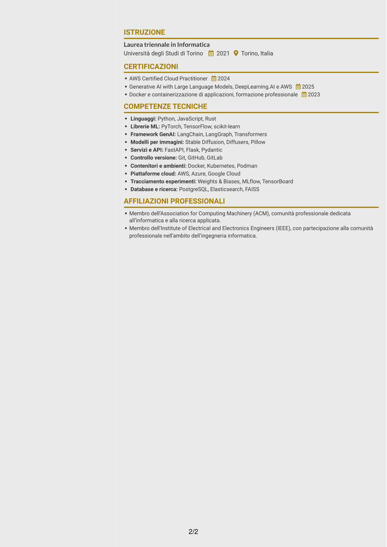 CV Dinamico (formato a due colonne con icone): AI Python Developer, pagina 2