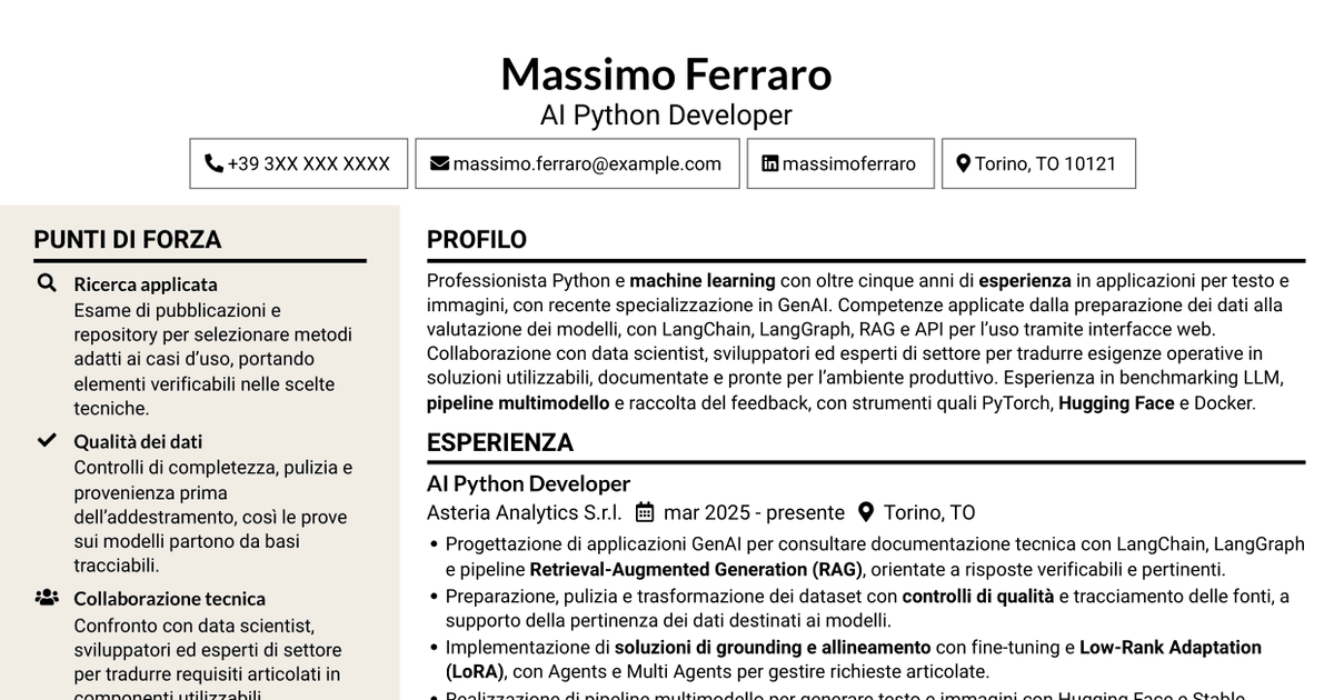 7 modelli di CV per AI Python Developer, con esempi