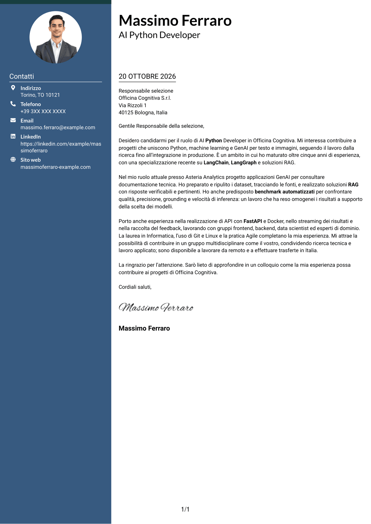 Lettera di presentazione Elegante (formato con colonna laterale colorata e foto): AI Python Developer, pagina 1