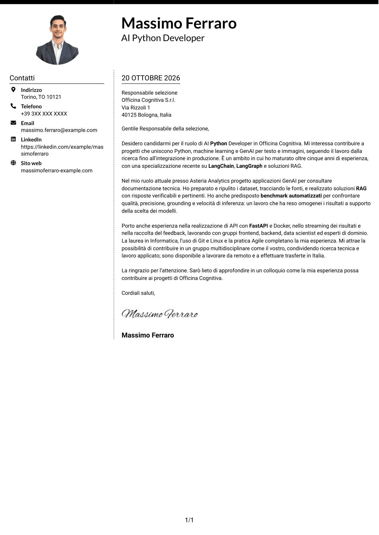 Lettera di presentazione Moderno (formato a due colonne con foto a sinistra e separatore): AI Python Developer, pagina 1