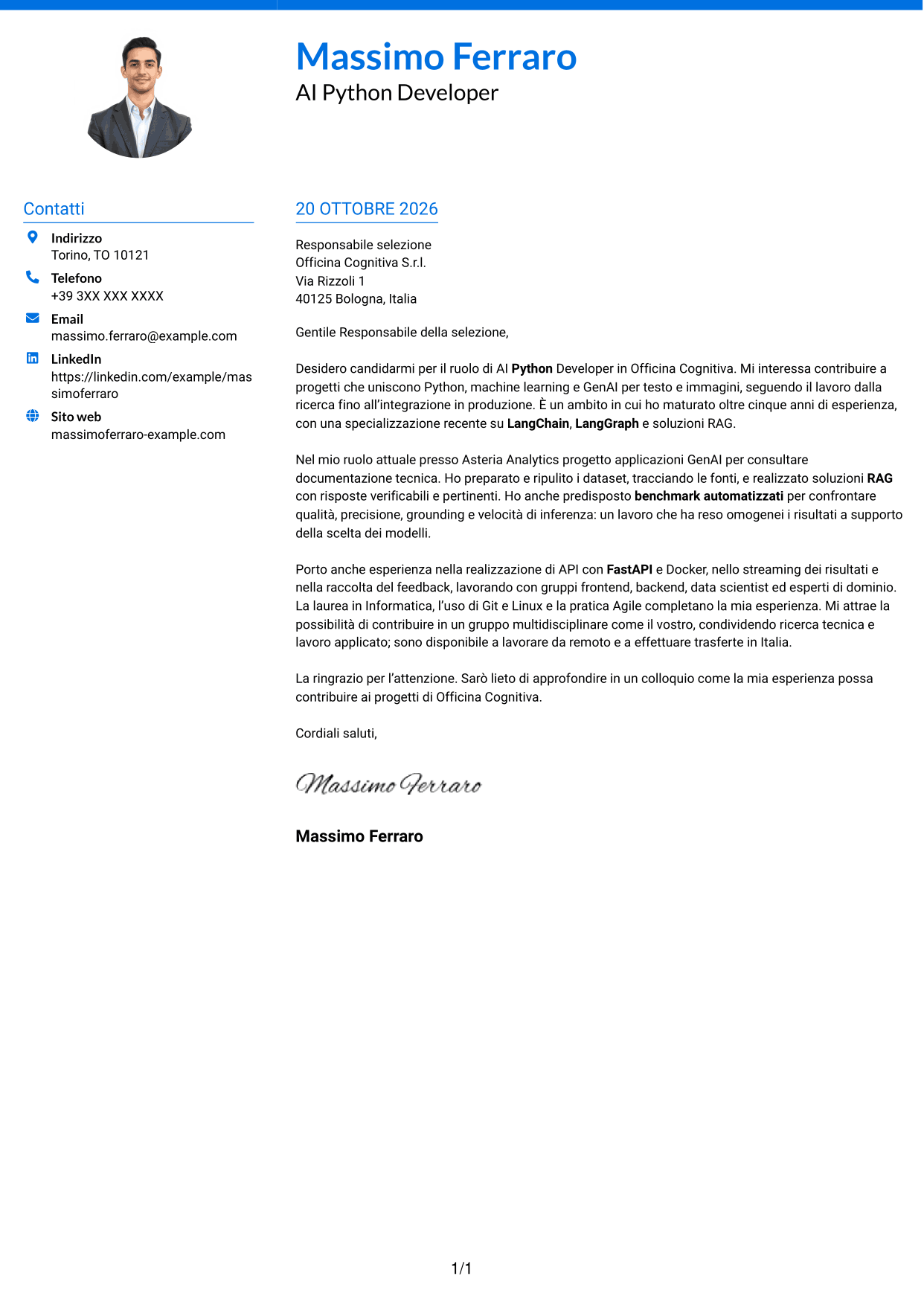 Lettera di presentazione Audace (formato a due colonne con accenti colorati e foto): AI Python Developer, pagina 1