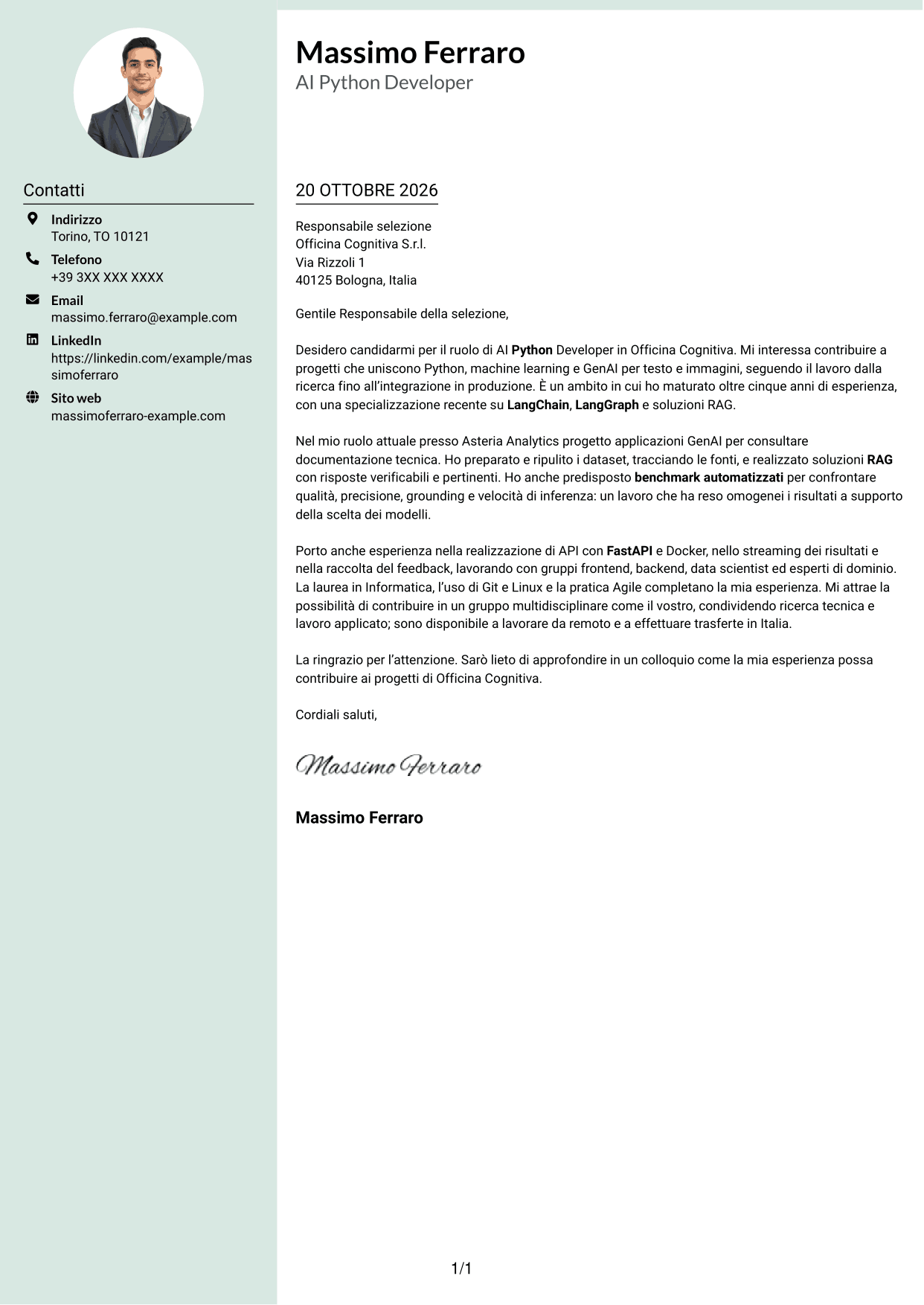 Lettera di presentazione Dirigente (formato con colonna laterale tenue e foto arrotondata): AI Python Developer, pagina 1