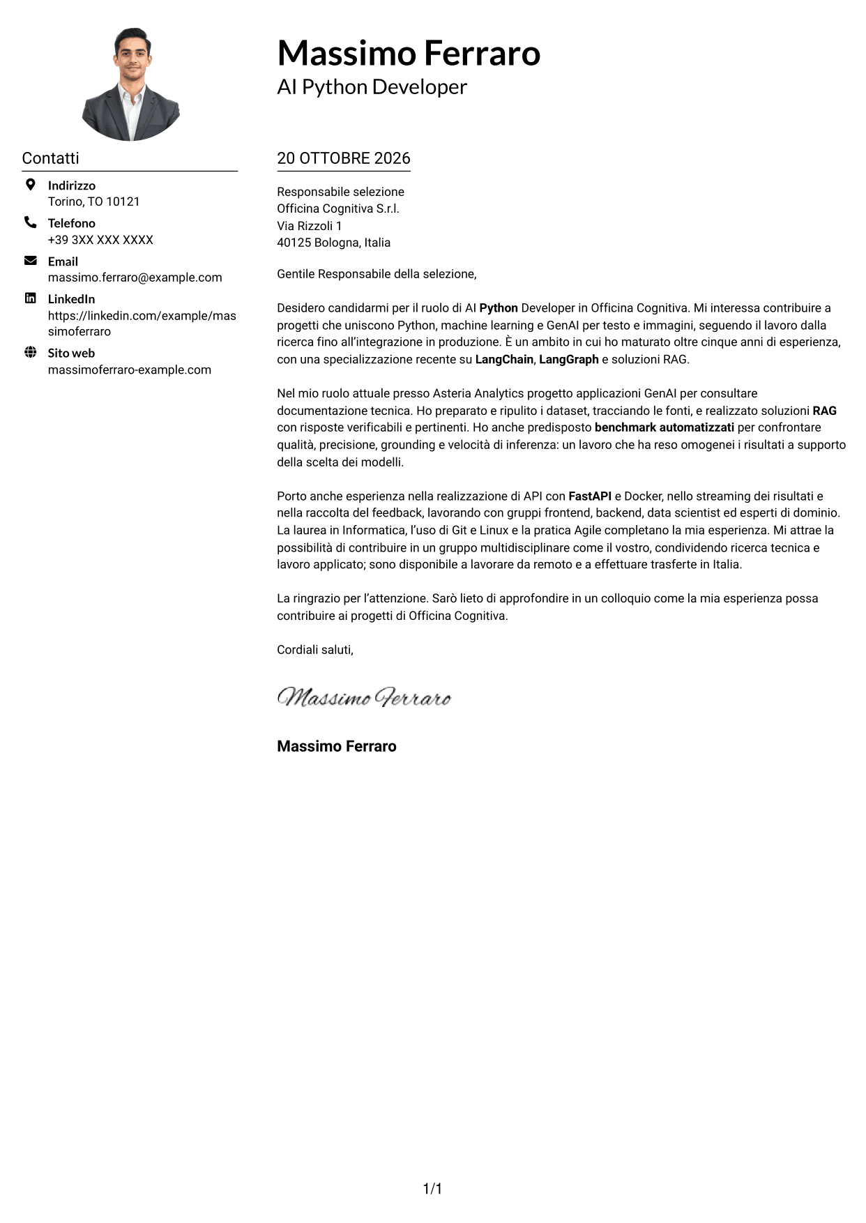 Esempio di lettera di presentazione — pagina 1