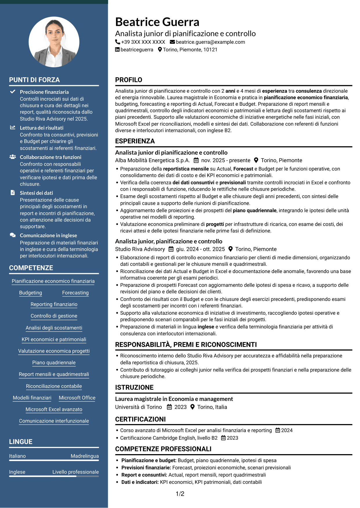 CV Elegante (formato con colonna laterale colorata e foto): Analista junior di pianificazione e controllo - Budgeting e reporting finanziario, pagina 1