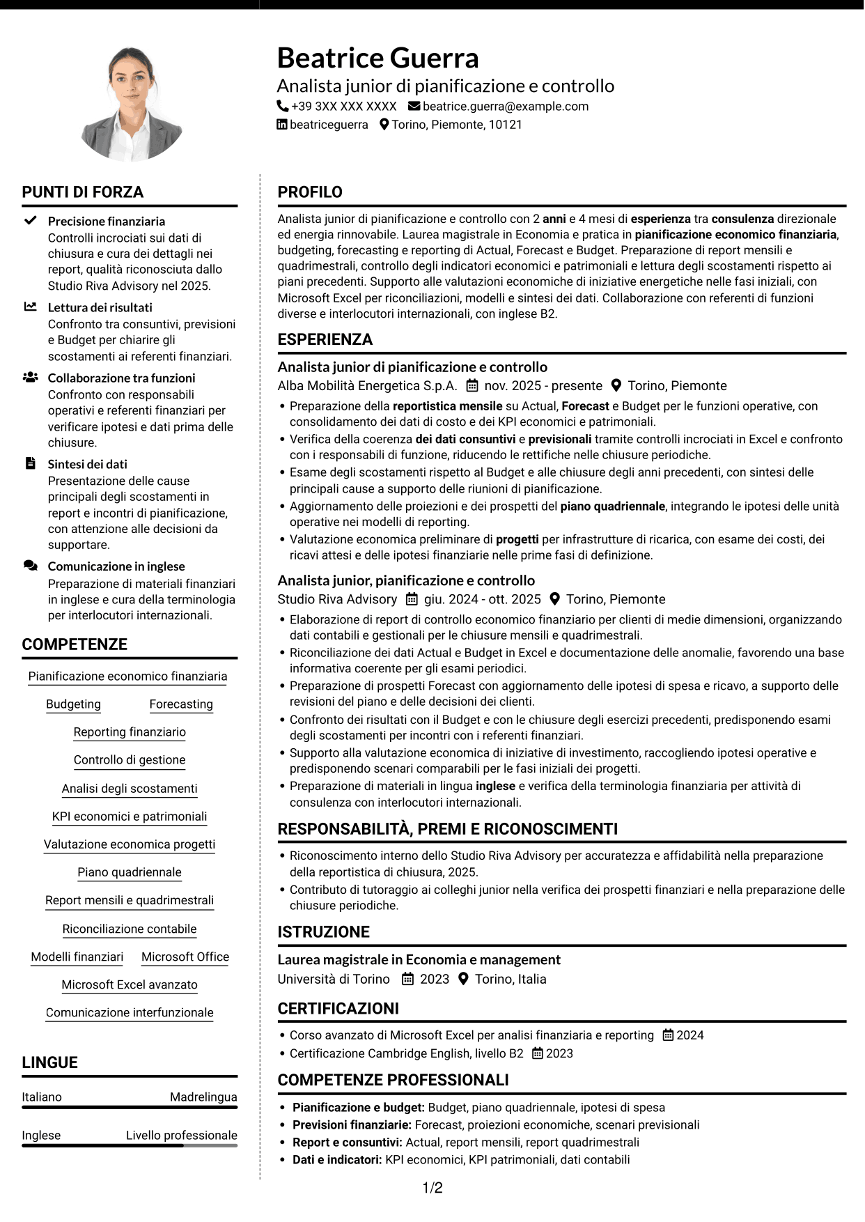 CV Moderno (formato a due colonne con foto a sinistra e separatore): Analista junior di pianificazione e controllo - Budgeting e reporting finanziario, pagina 1