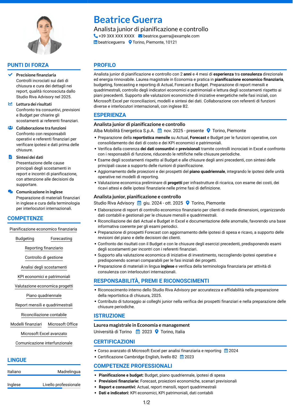 CV Audace (formato a due colonne con accenti colorati e foto): Analista junior di pianificazione e controllo - Budgeting e reporting finanziario, pagina 1