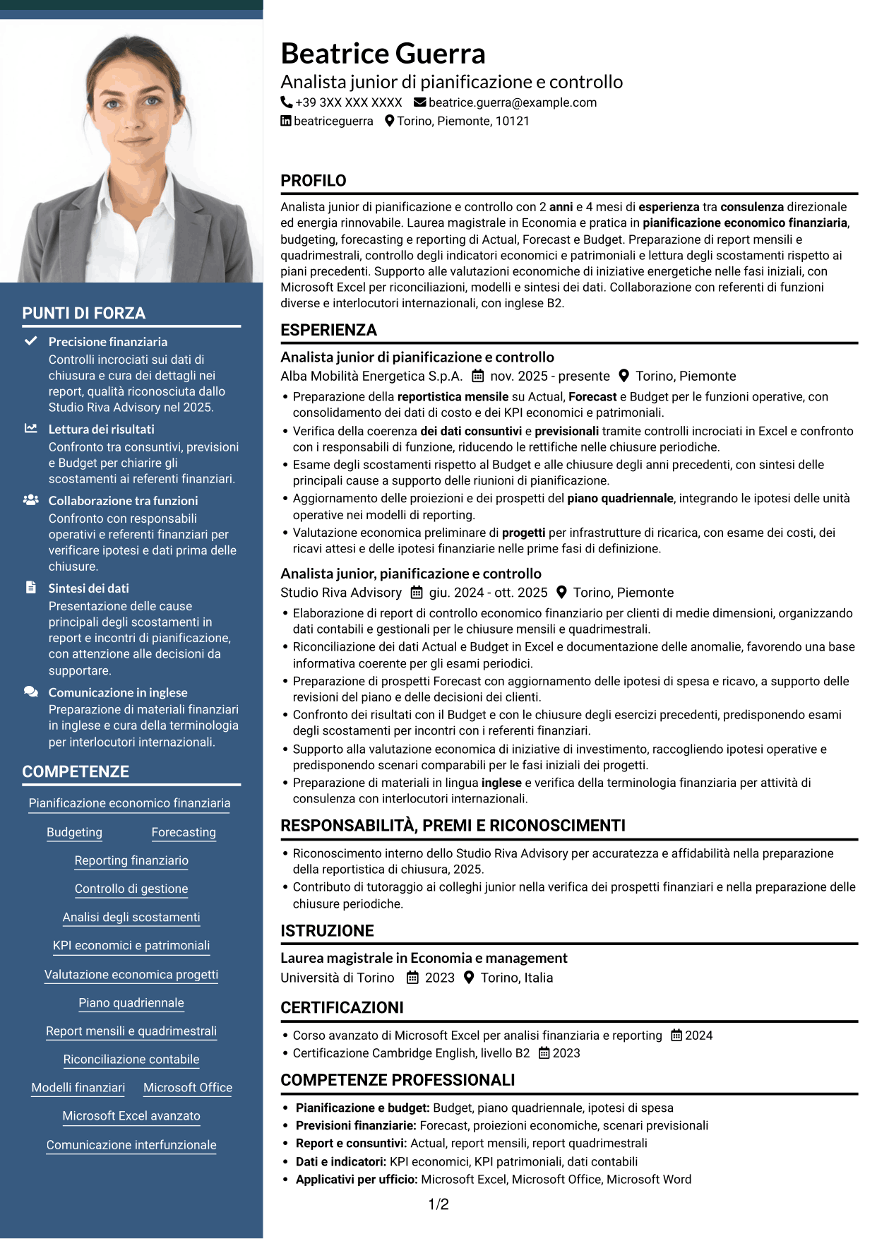 CV Signature (formato con colonna laterale colorata e foto grande): Analista junior di pianificazione e controllo - Budgeting e reporting finanziario, pagina 1