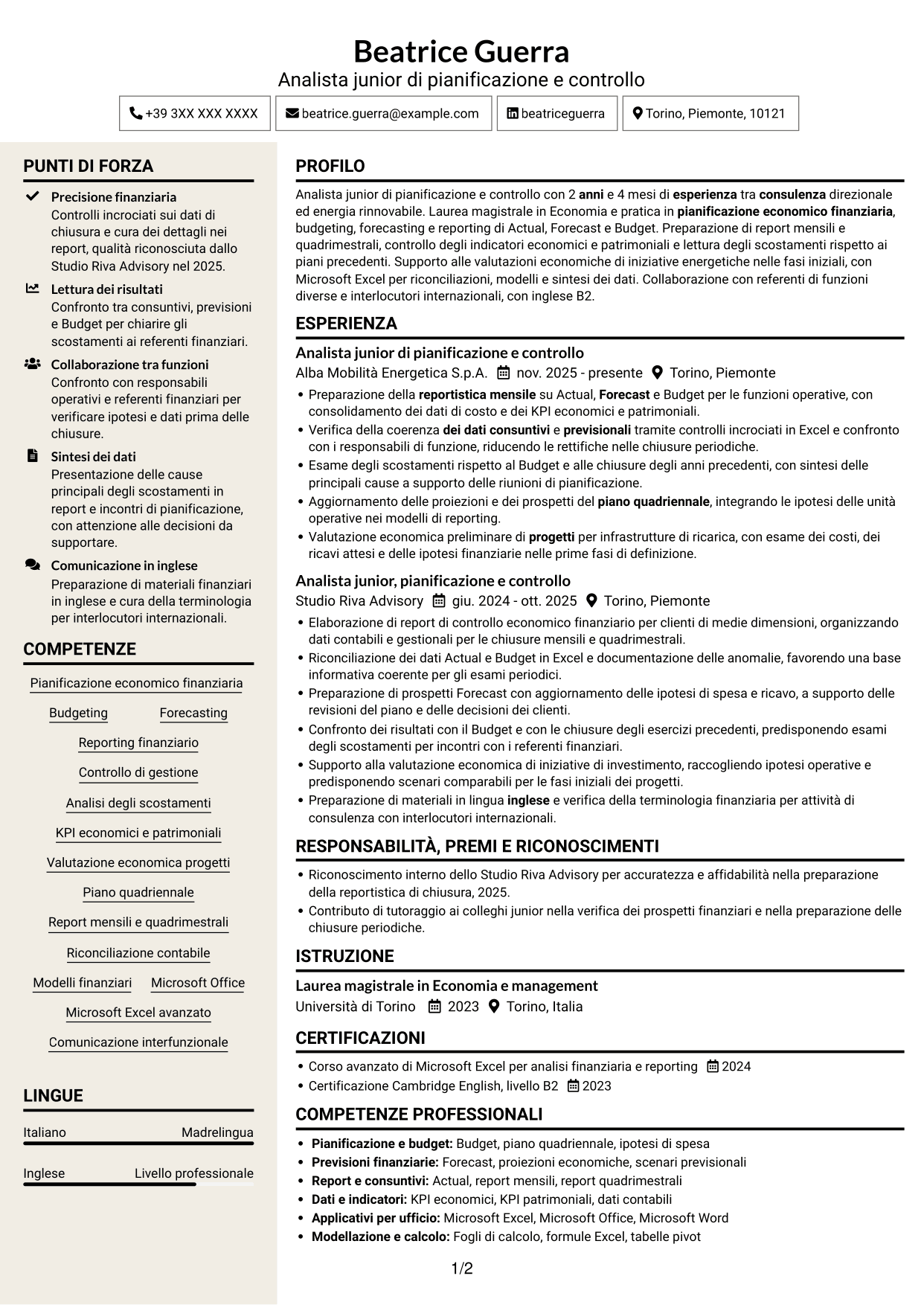 CV Intraprendente (formato a due colonne con intestazione centrata senza foto): Analista junior di pianificazione e controllo - Budgeting e reporting finanziario, pagina 1
