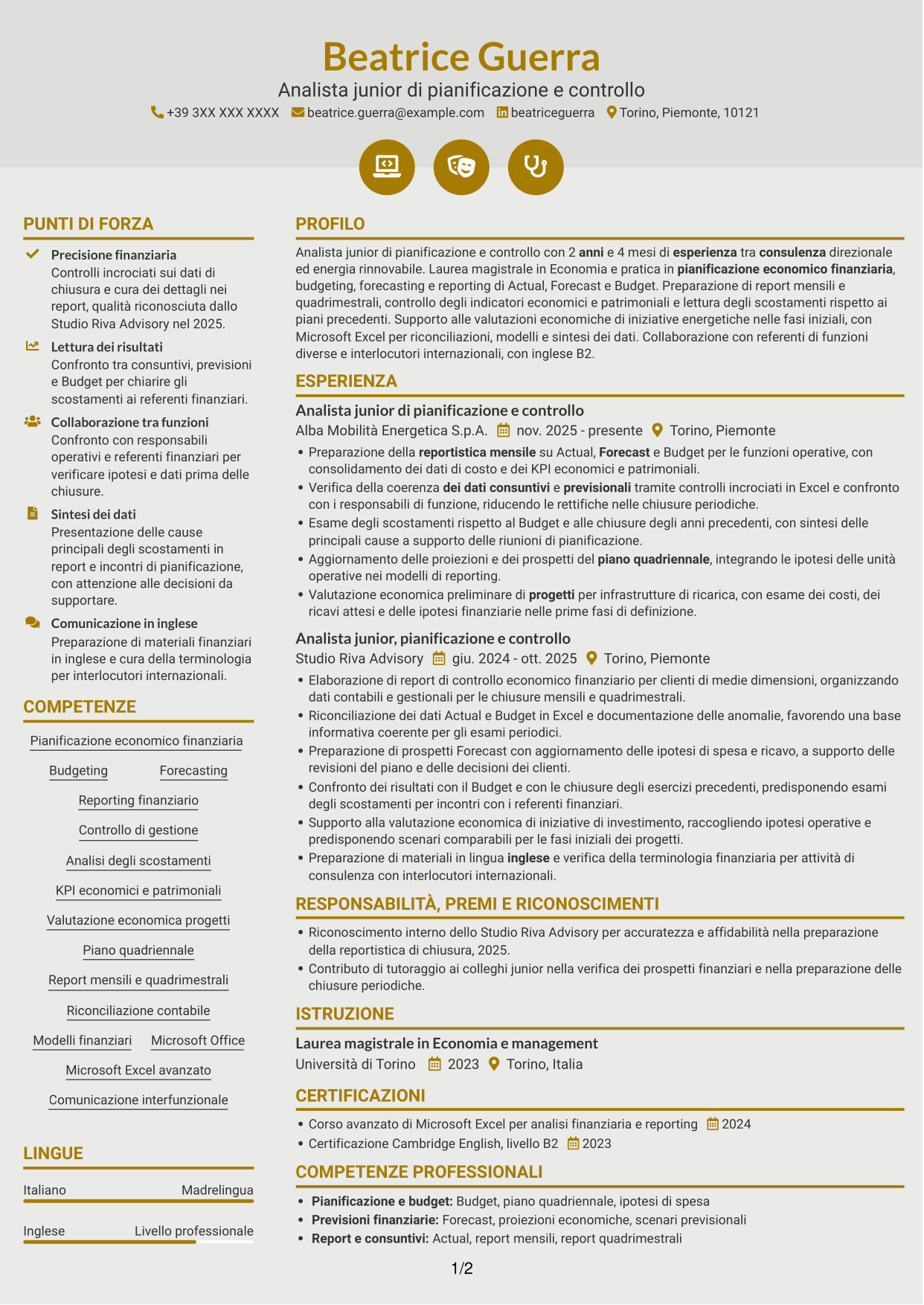 CV Dinamico (formato a due colonne con icone): Analista junior di pianificazione e controllo - Budgeting e reporting finanziario, pagina 1