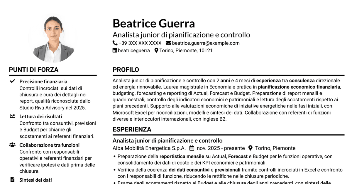 7 modelli di CV per Analista junior di pianificazione e controllo - Budgeting e reporting finanziario, con esempi