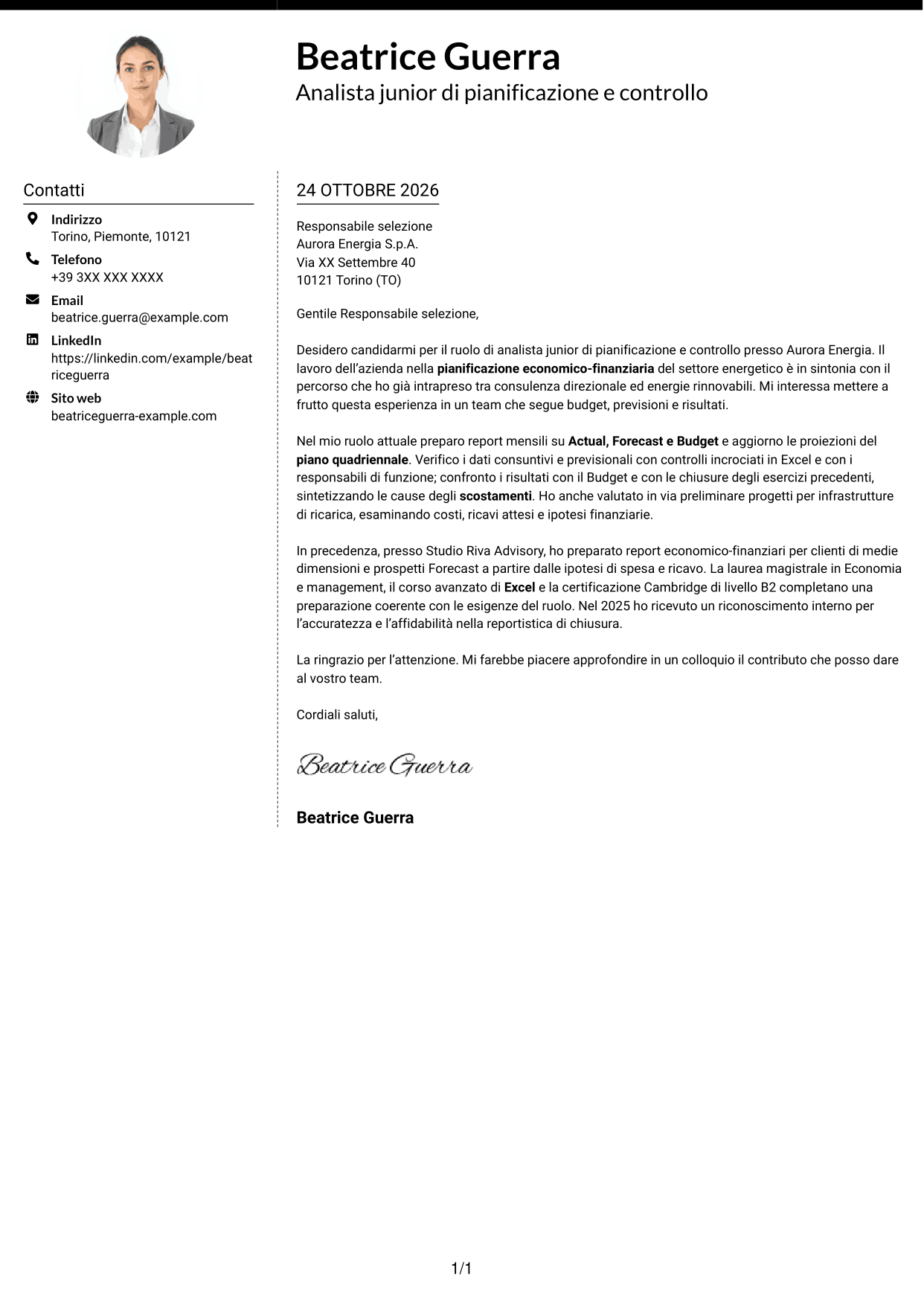 Lettera di presentazione Moderno (formato a due colonne con foto a sinistra e separatore): Analista junior di pianificazione e controllo - Budgeting e reporting finanziario, pagina 1