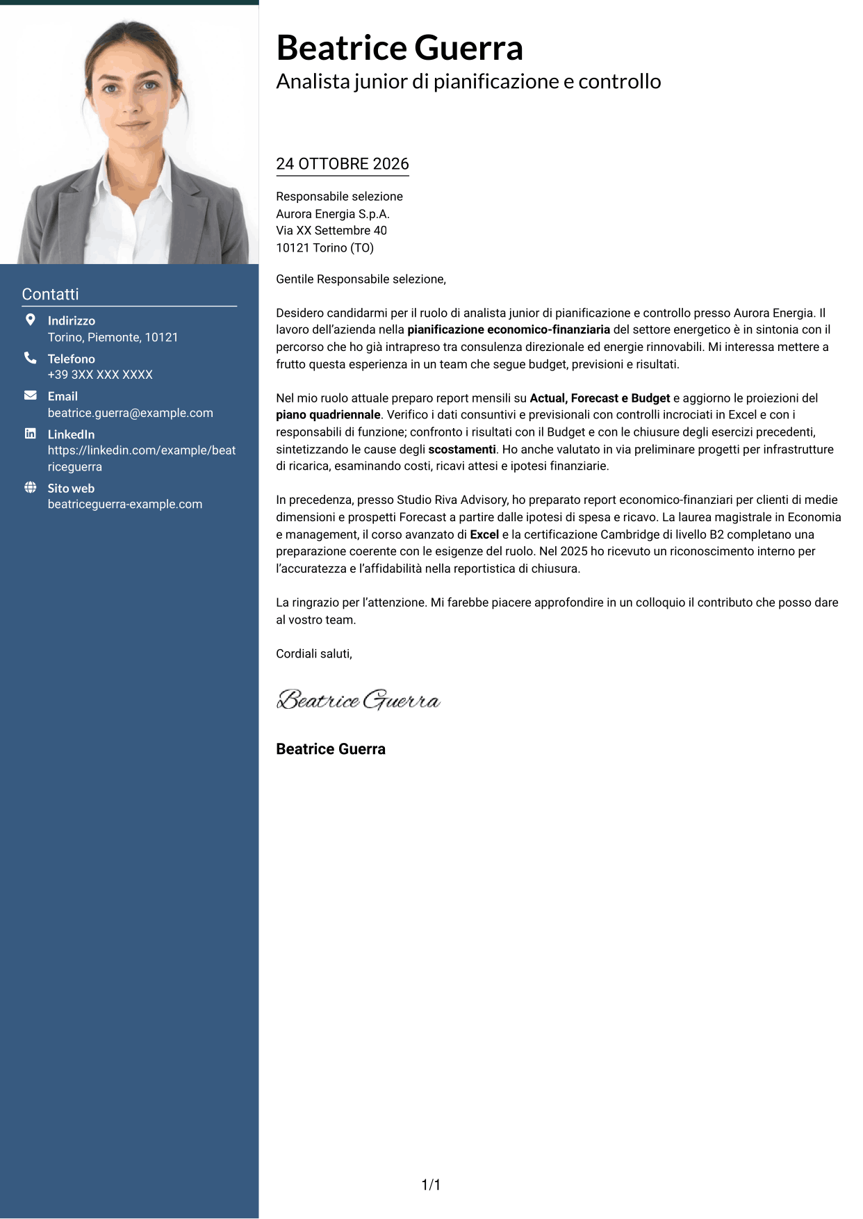 Lettera di presentazione Signature (formato con colonna laterale colorata e foto grande): Analista junior di pianificazione e controllo - Budgeting e reporting finanziario, pagina 1