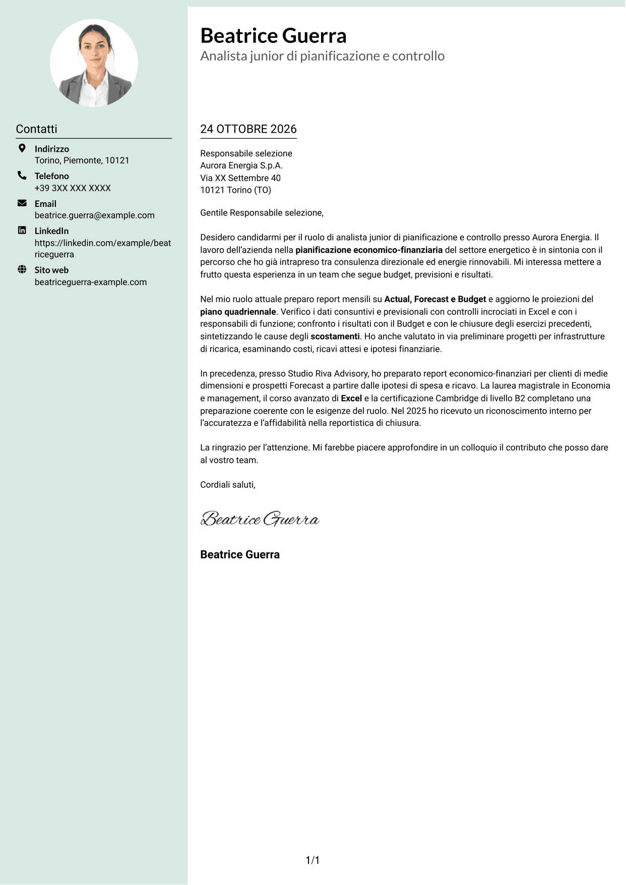 Lettera di presentazione Dirigente (formato con colonna laterale tenue e foto arrotondata): Analista junior di pianificazione e controllo - Budgeting e reporting finanziario, pagina 1