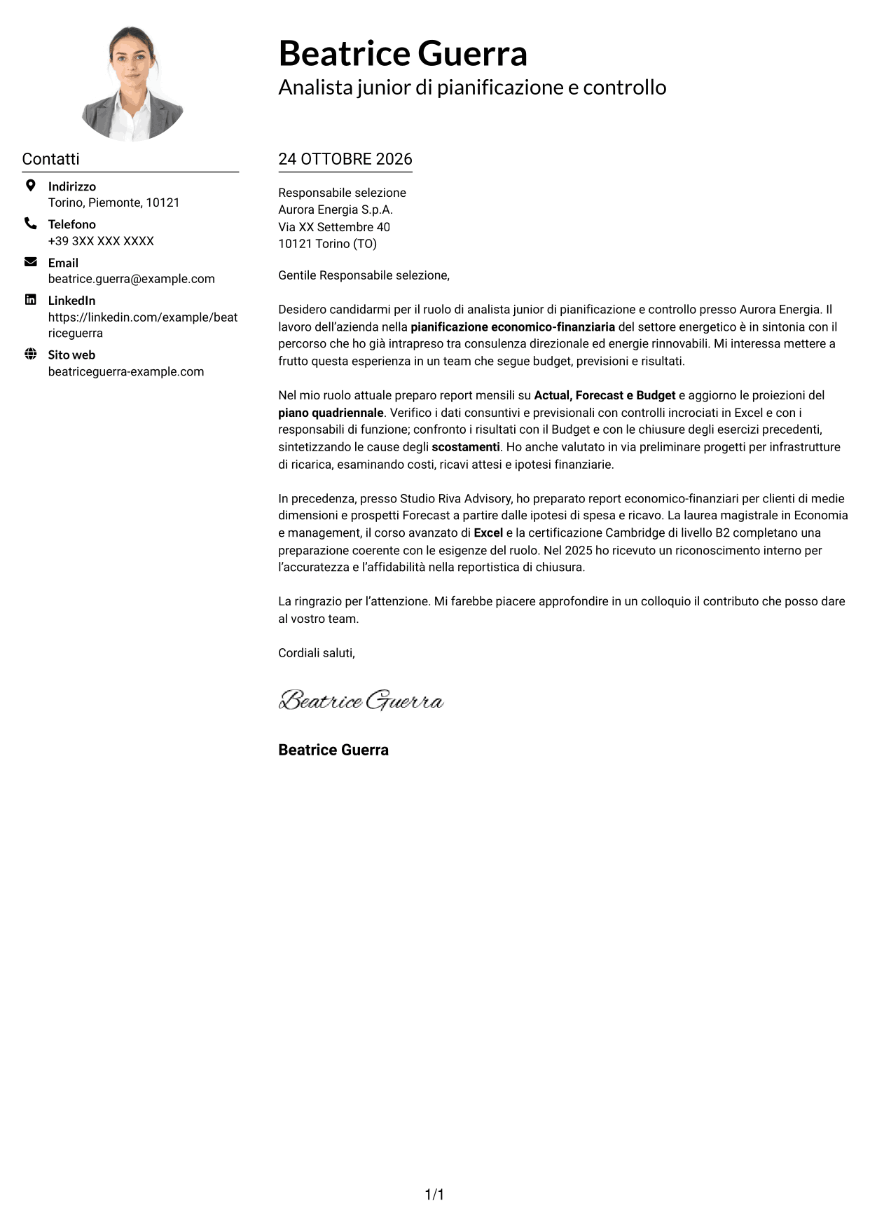 Esempio di lettera di presentazione — pagina 1