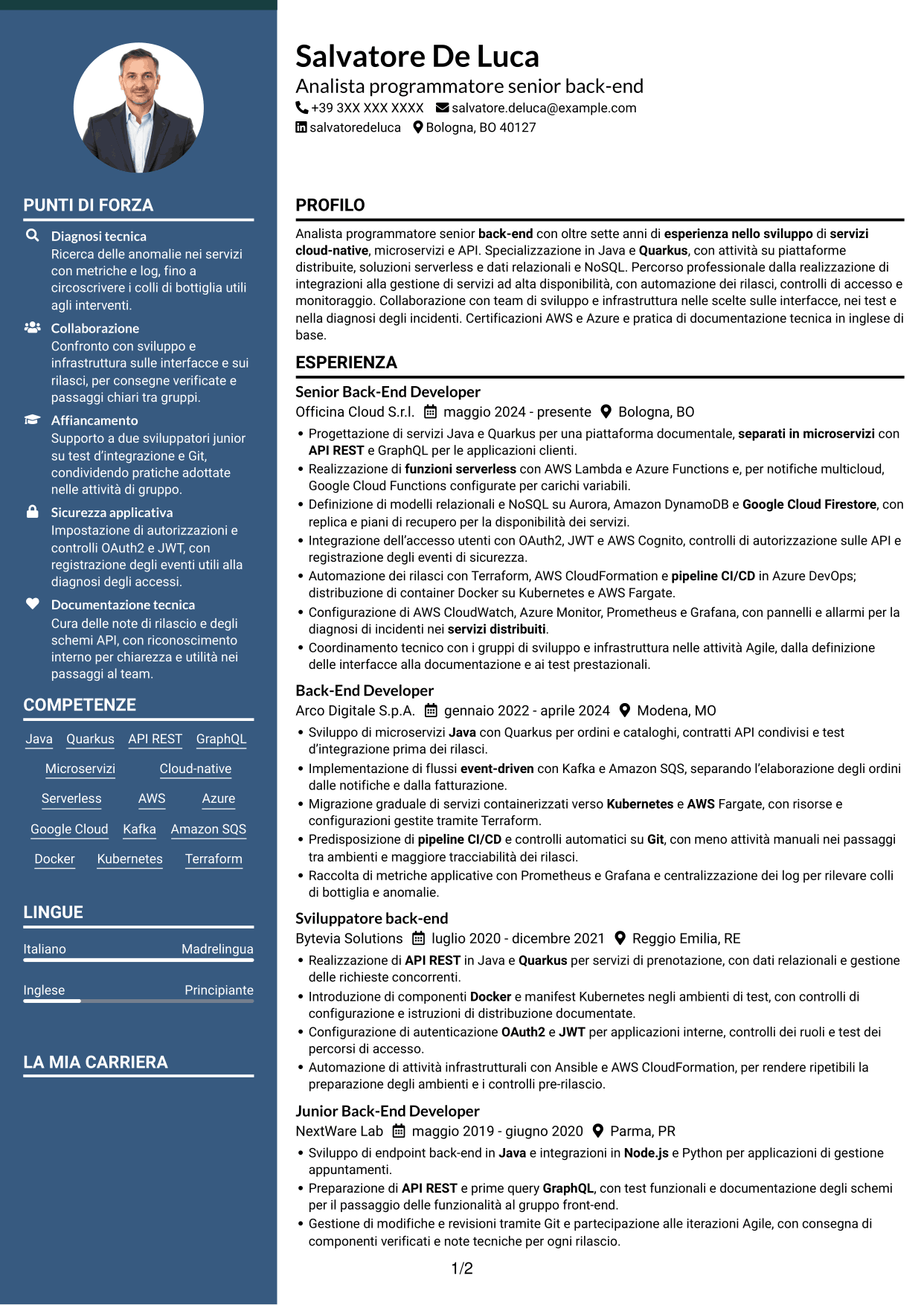 CV Elegante (formato con colonna laterale colorata e foto): Analista programmatore senior back-end, pagina 1