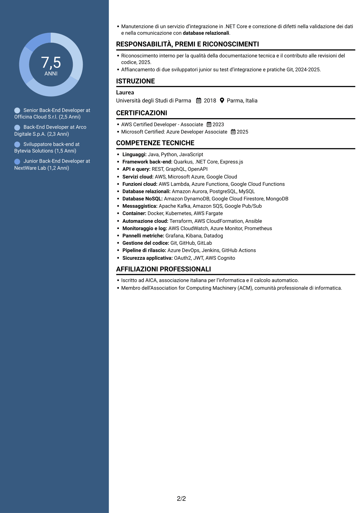 CV Elegante (formato con colonna laterale colorata e foto): Analista programmatore senior back-end, pagina 2