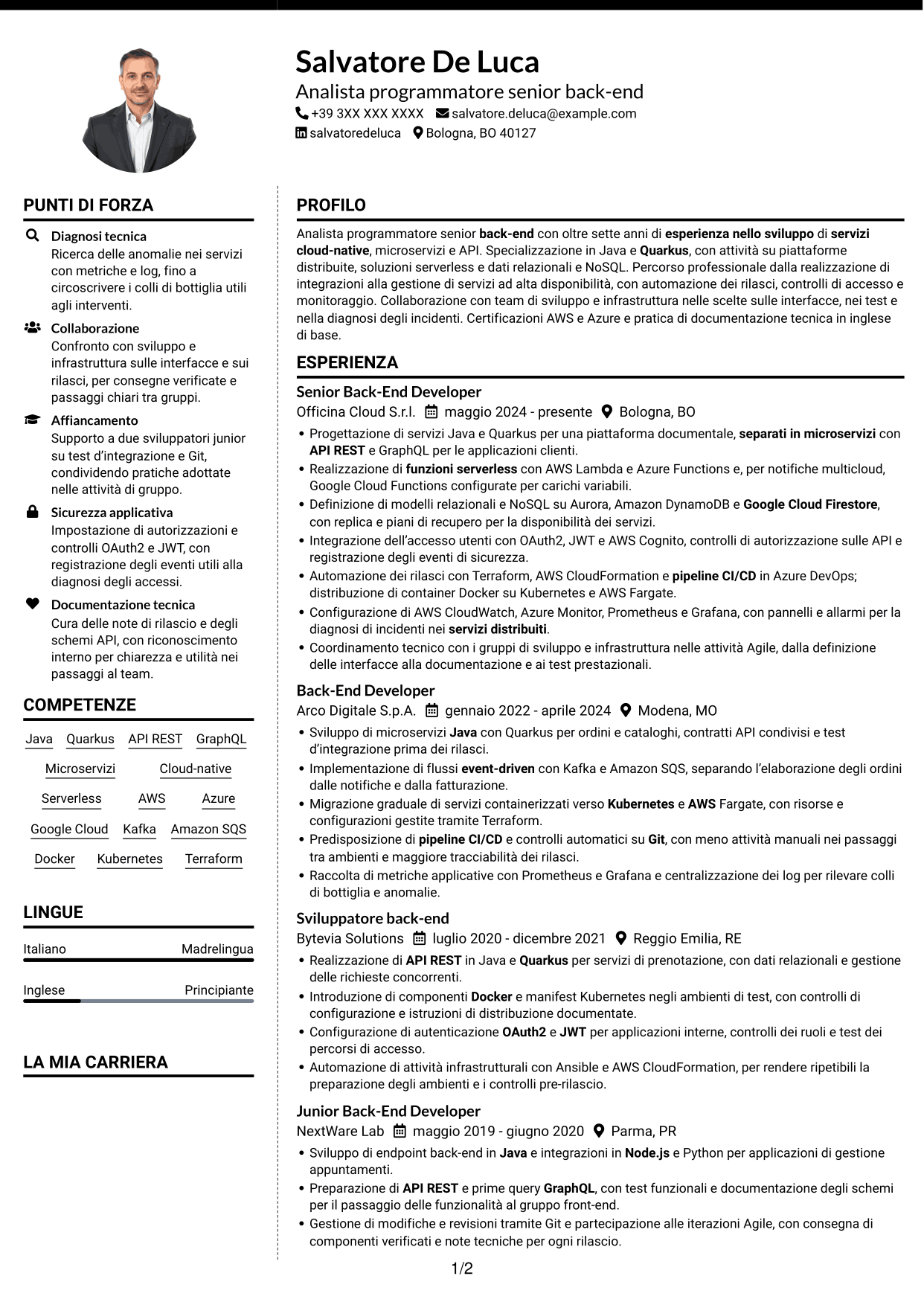 CV Moderno (formato a due colonne con foto a sinistra e separatore): Analista programmatore senior back-end, pagina 1