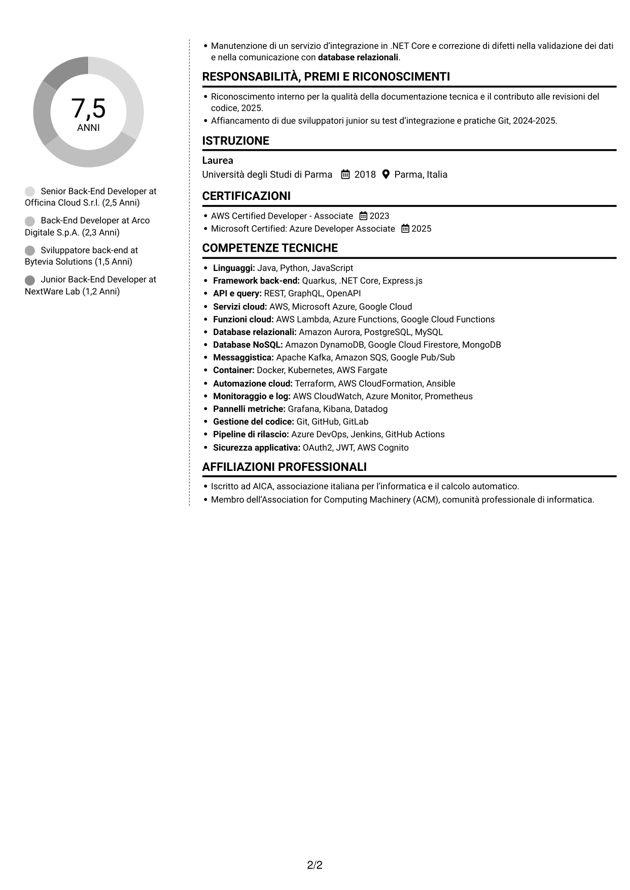 CV Moderno (formato a due colonne con foto a sinistra e separatore): Analista programmatore senior back-end, pagina 2