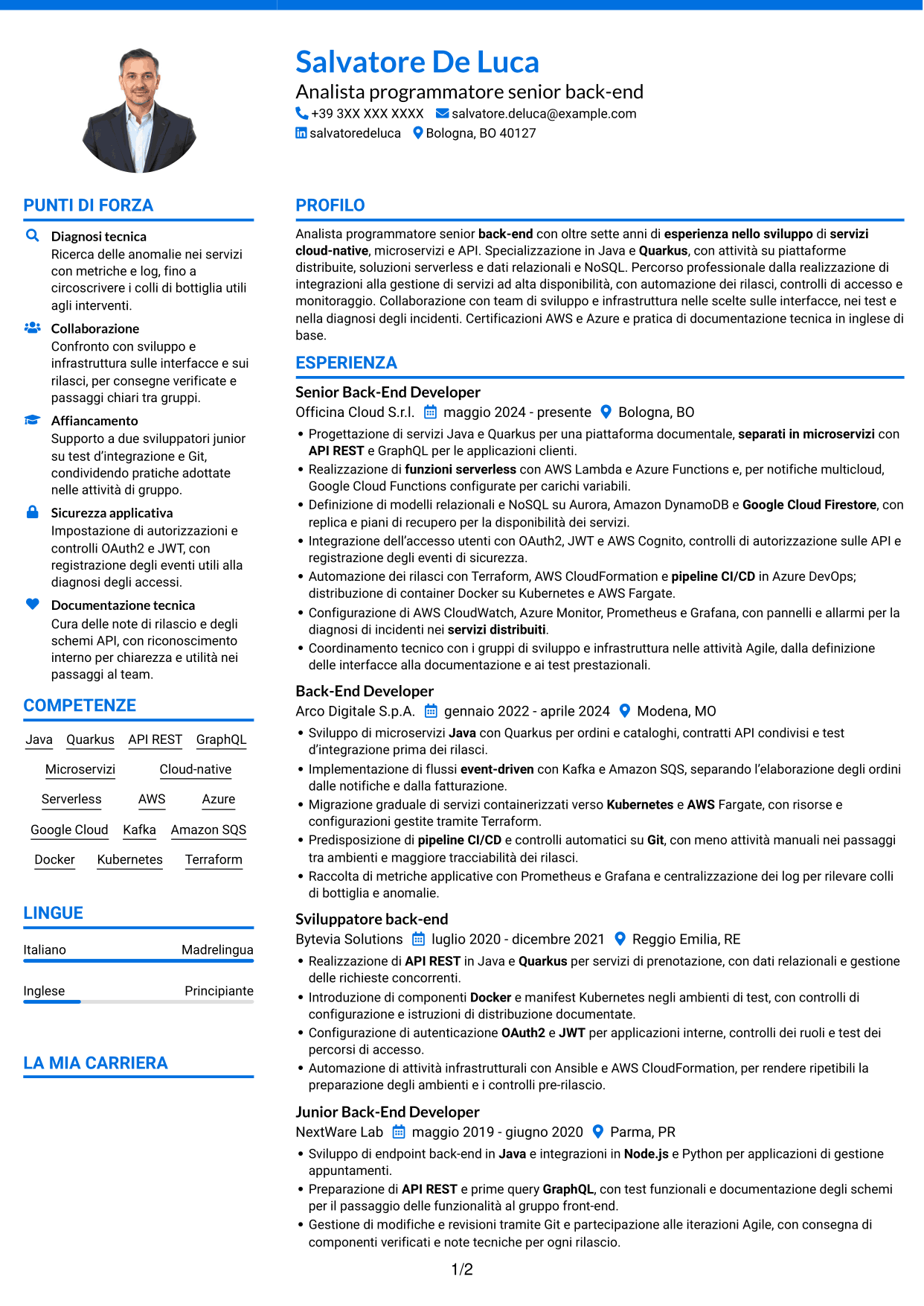 CV Audace (formato a due colonne con accenti colorati e foto): Analista programmatore senior back-end, pagina 1