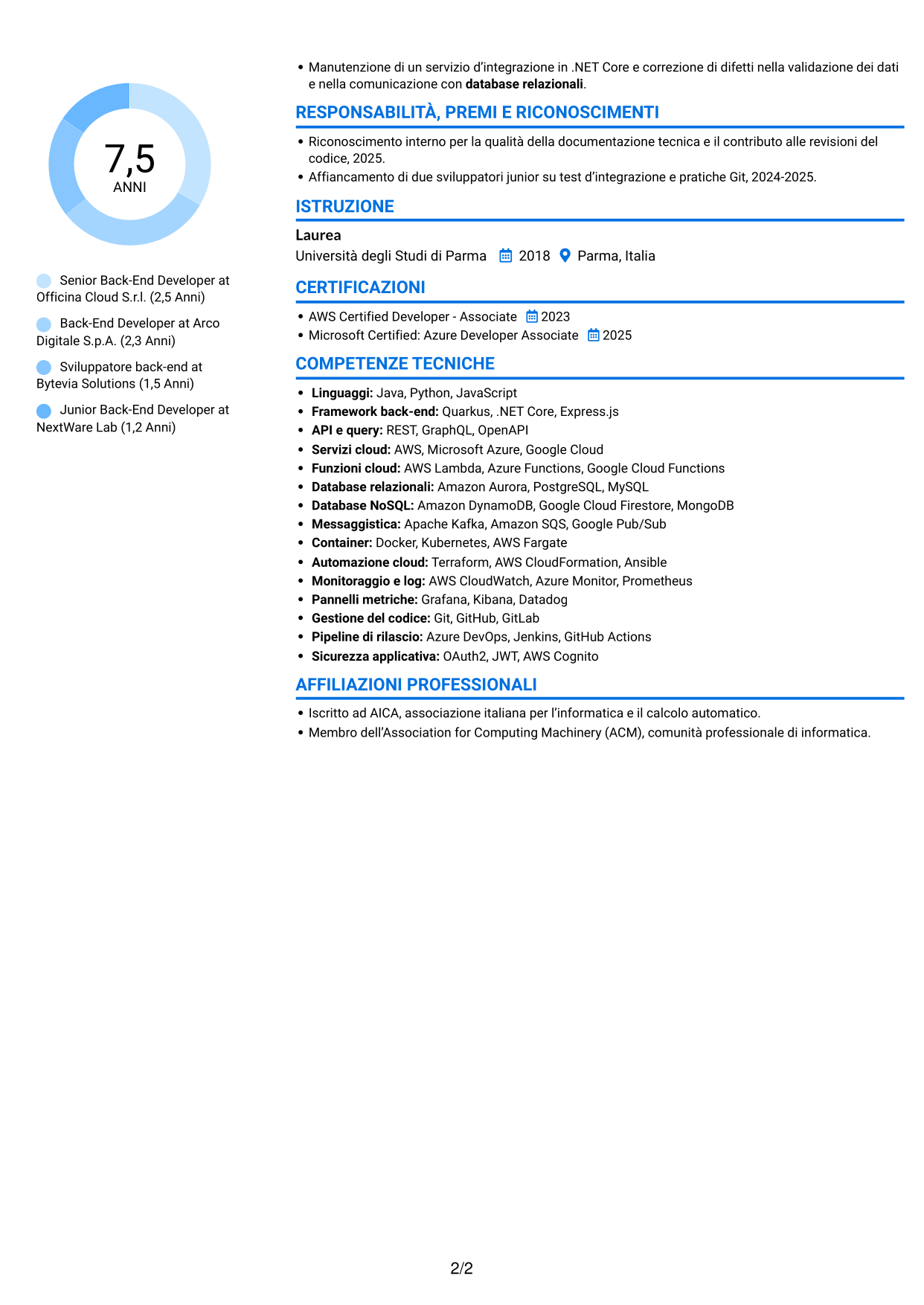 CV Audace (formato a due colonne con accenti colorati e foto): Analista programmatore senior back-end, pagina 2