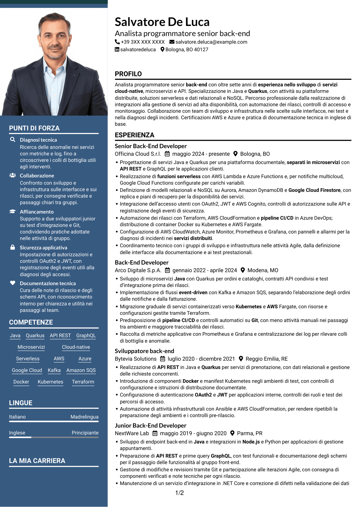 CV Signature (formato con colonna laterale colorata e foto grande): Analista programmatore senior back-end, pagina 1