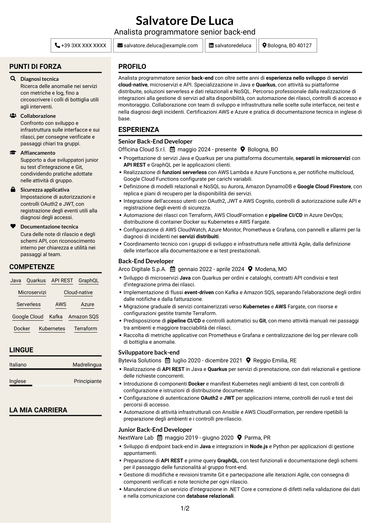 CV Intraprendente (formato a due colonne con intestazione centrata senza foto): Analista programmatore senior back-end, pagina 1