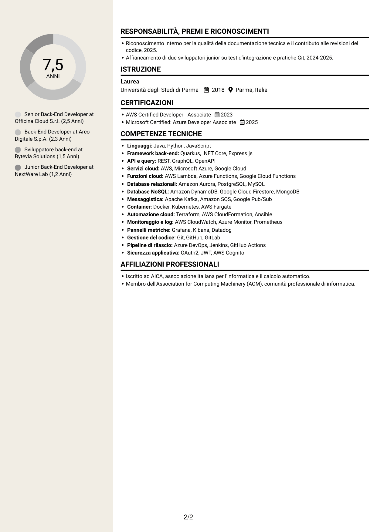 CV Intraprendente (formato a due colonne con intestazione centrata senza foto): Analista programmatore senior back-end, pagina 2