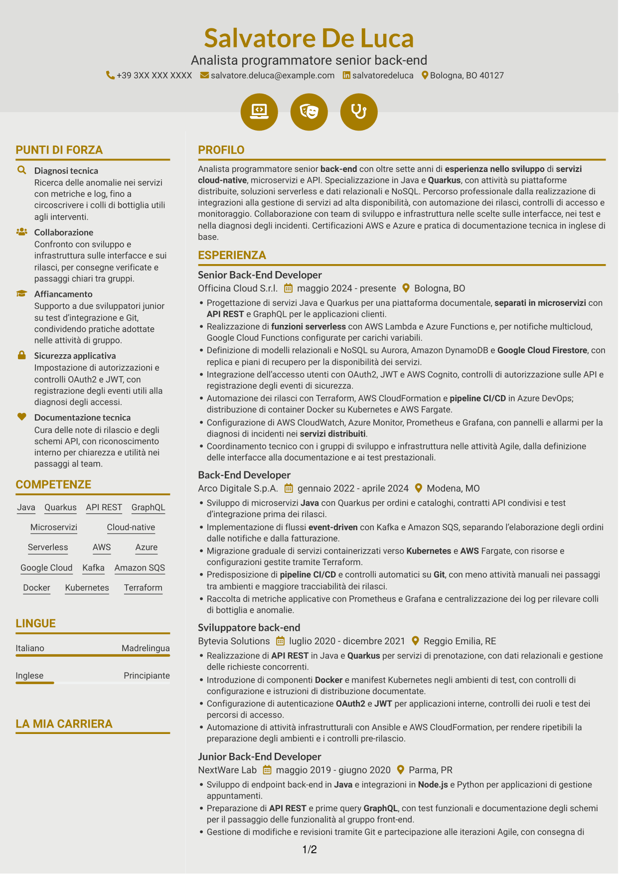 CV Dinamico (formato a due colonne con icone): Analista programmatore senior back-end, pagina 1