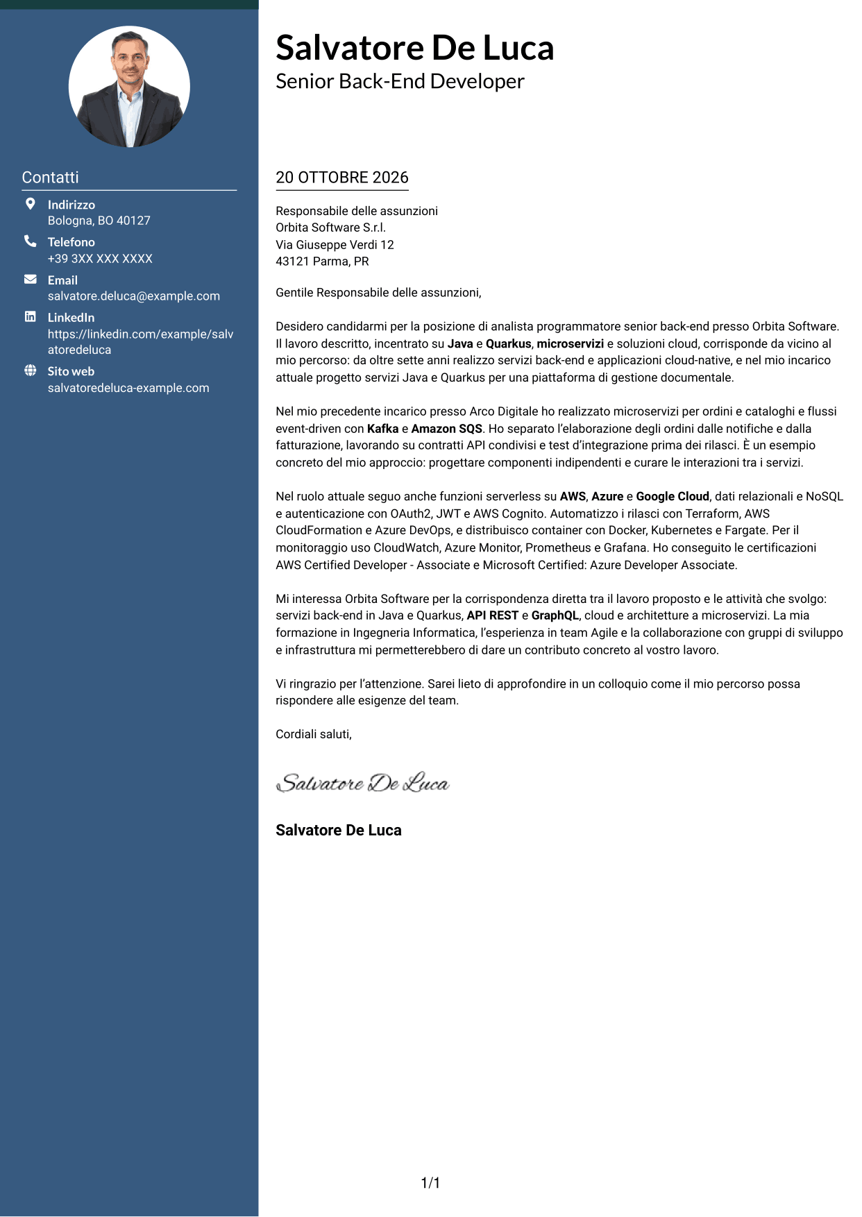 Lettera di presentazione Elegante (formato con colonna laterale colorata e foto): Analista programmatore senior back-end, pagina 1