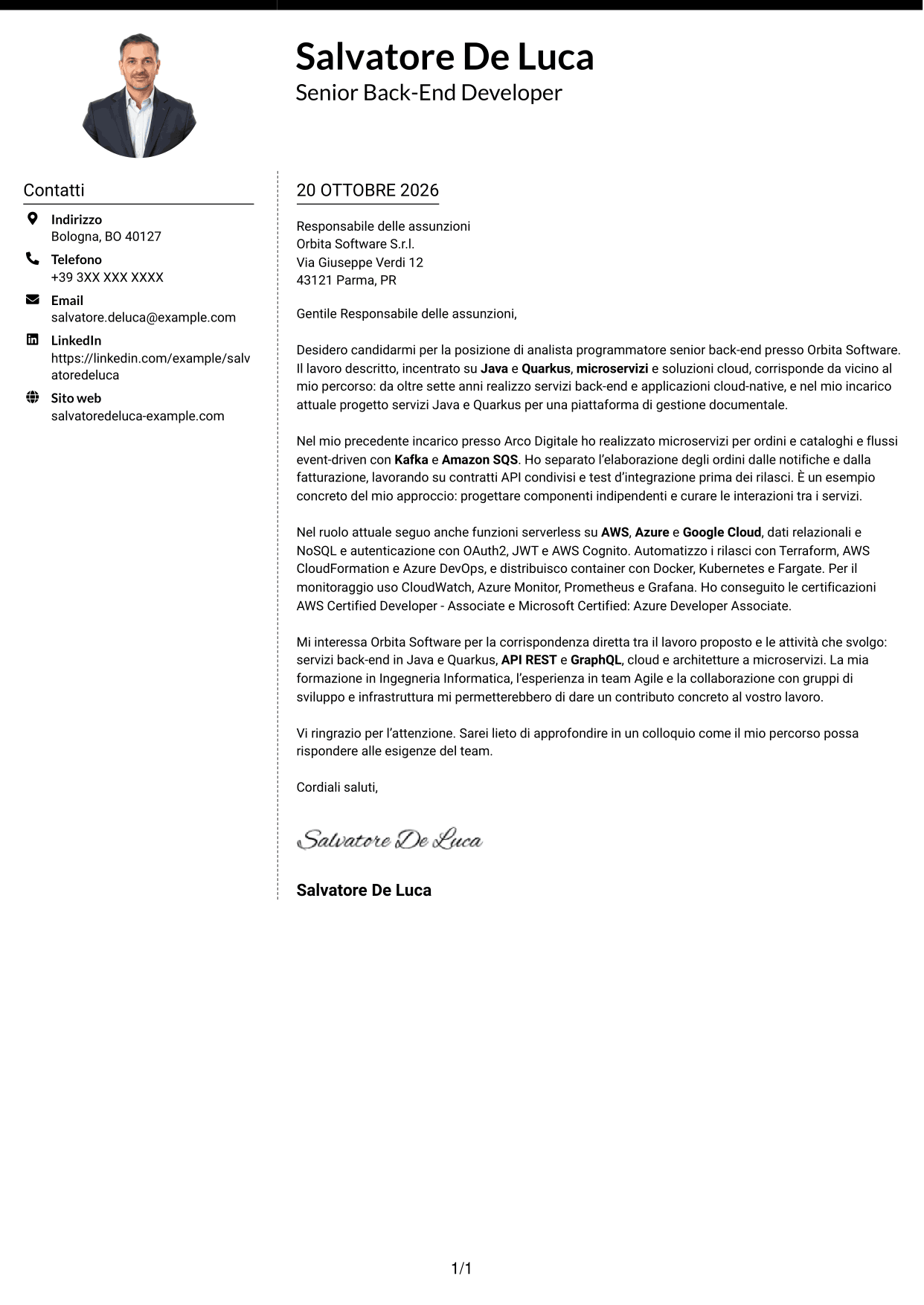 Lettera di presentazione Moderno (formato a due colonne con foto a sinistra e separatore): Analista programmatore senior back-end, pagina 1