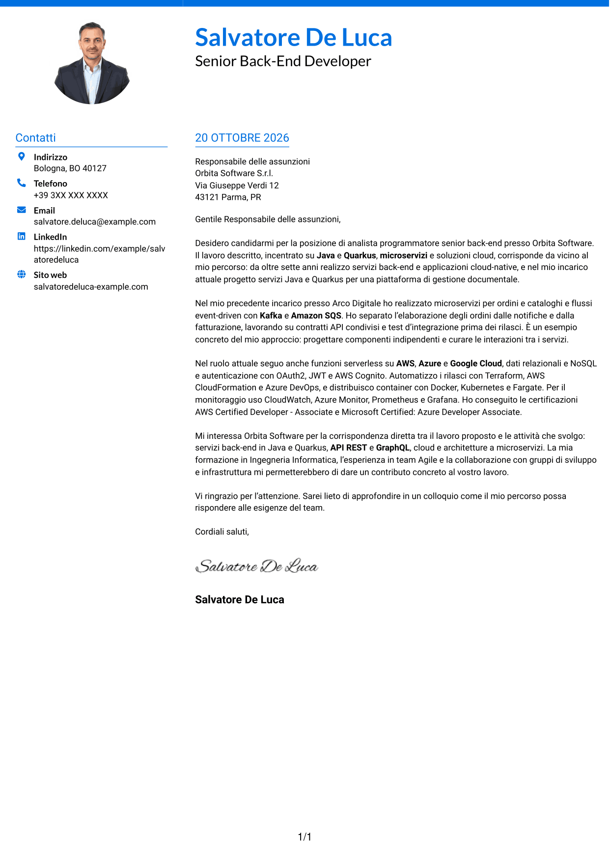 Lettera di presentazione Audace (formato a due colonne con accenti colorati e foto): Analista programmatore senior back-end, pagina 1